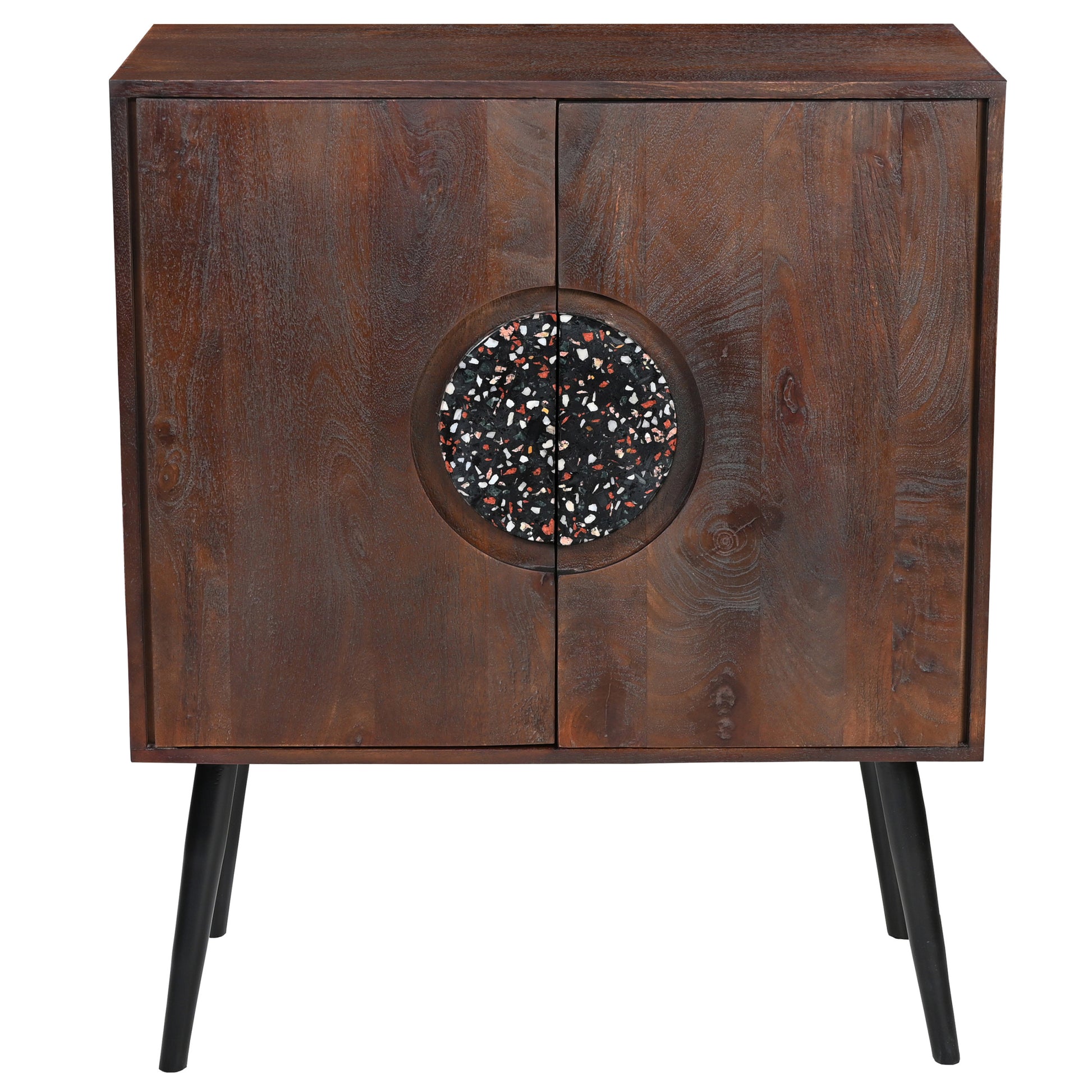 37 Inch 2 Door Mango Wood Sideboard Cabinet, Terrazzo Stone, Sandblasted Red Oak Finish, Black Legs Red Black Buffalo Check Metal & Wood