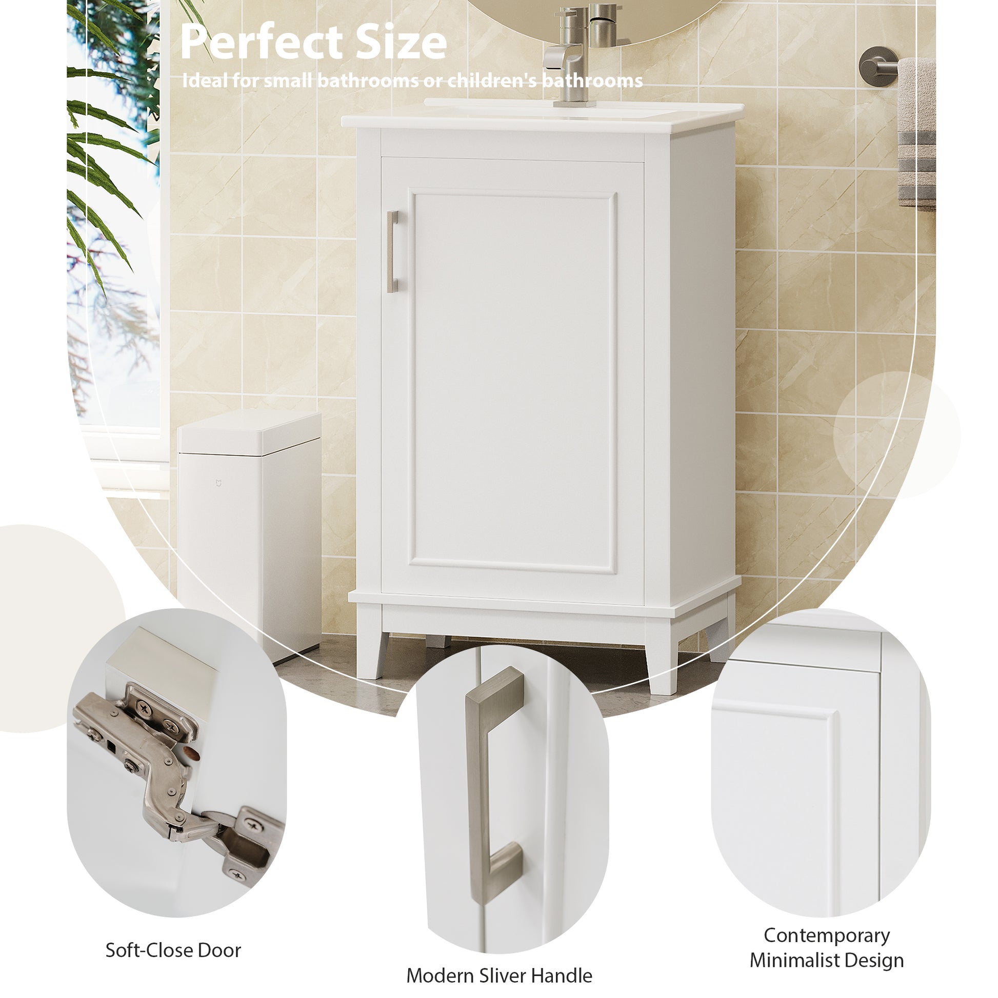 Viedo 20 Inch Modern Small Bathroom Vanity Cabinet With Ceramic Basin 20*15.5*33.3 Inches,Ample Storage,1 Soft Close Door White Solid Wood Mdf