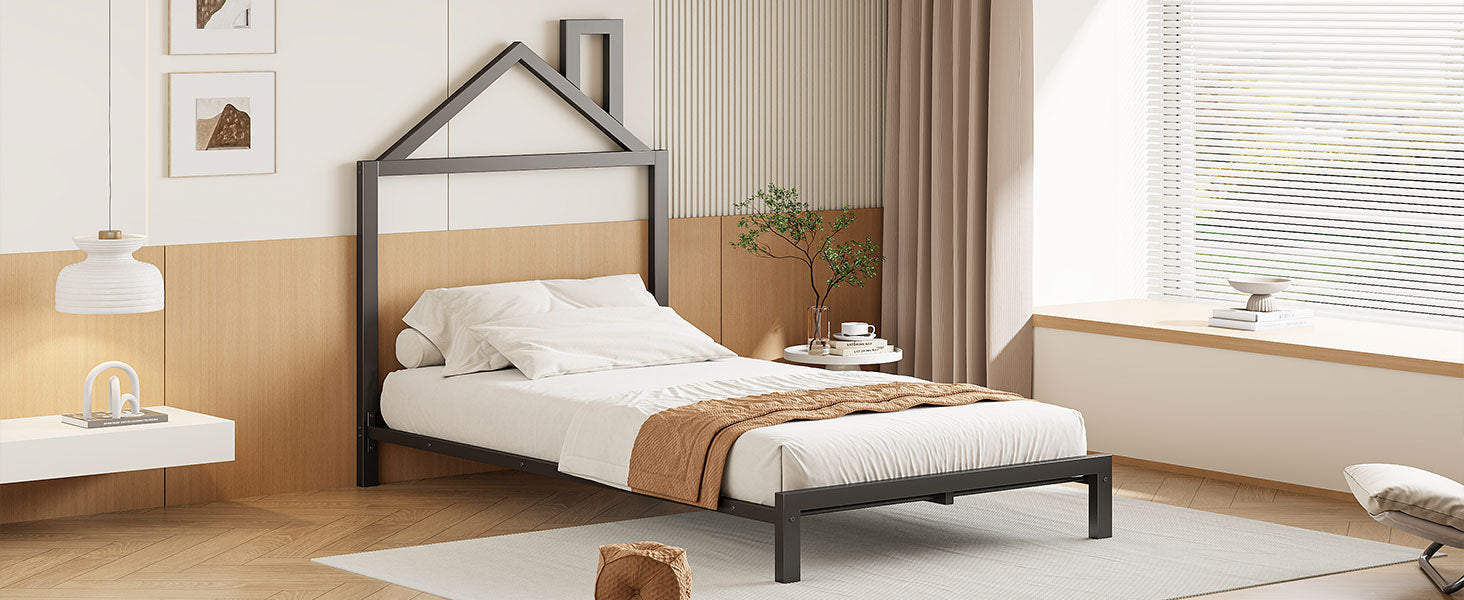 Twin Size Metal Platform Bed With House Shaped Headboard Design, Black Black Metal