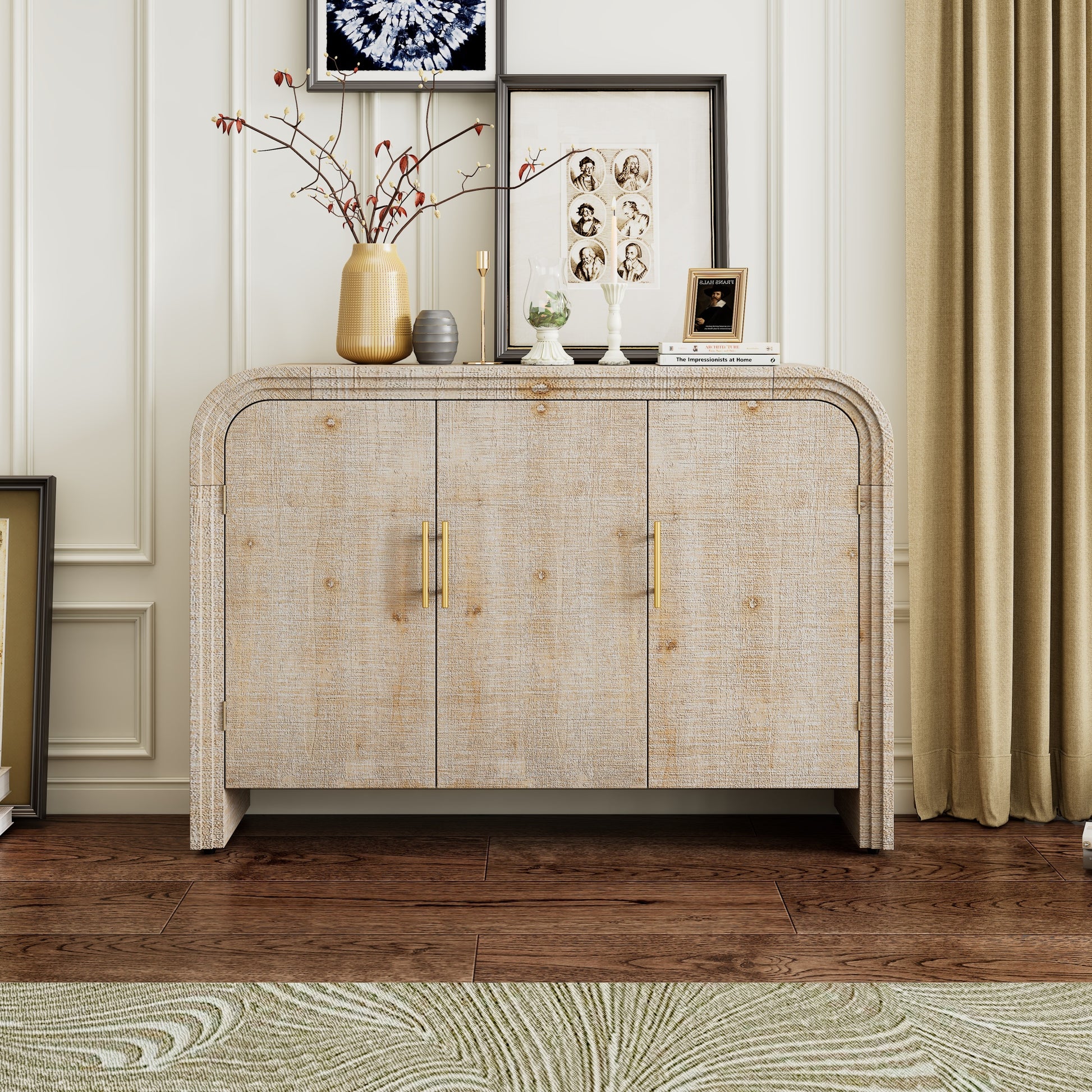 Retro Minimalist Curved Sideboard With Gold Handles And Adjustable Dividers For Living Room Or Dining Room Natural Wood Wash Natural Wood Wash Mdf