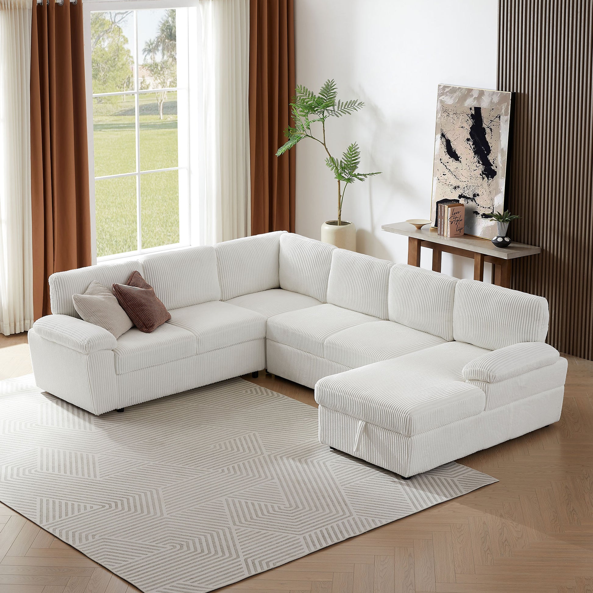 Oversized Modular Storage Sectional Sofa Couch For Home Apartment Office Living Room,Free Combination L U Shaped Corduroy Upholstered Deep Seat Furniture Convertible Sleeper Sofabed Right White Corduroy