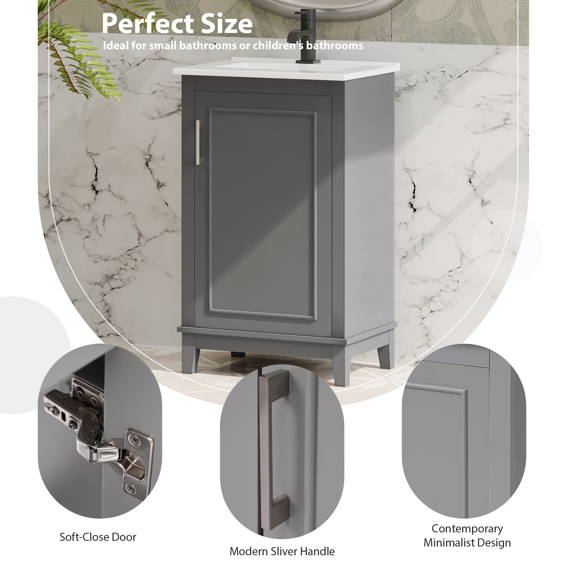 Viedo 20 Inch Modern Small Bathroom Vanity Cabinet With Ceramic Basin 20*15.5*33.3 Inches,Ample Storage,1 Soft Close Door Gray Solid Wood Mdf