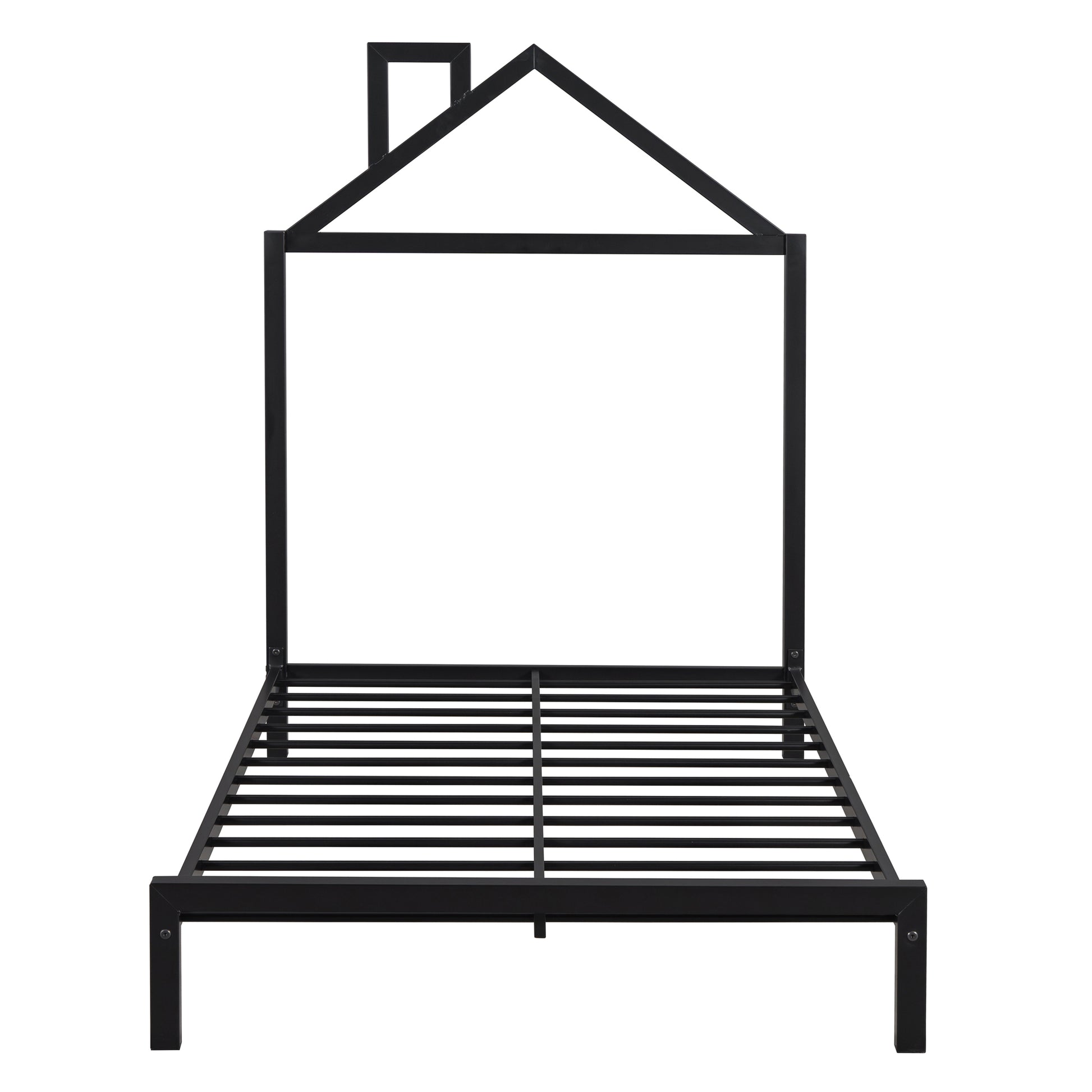 Twin Size Metal Platform Bed With House Shaped Headboard Design, Black Black Metal