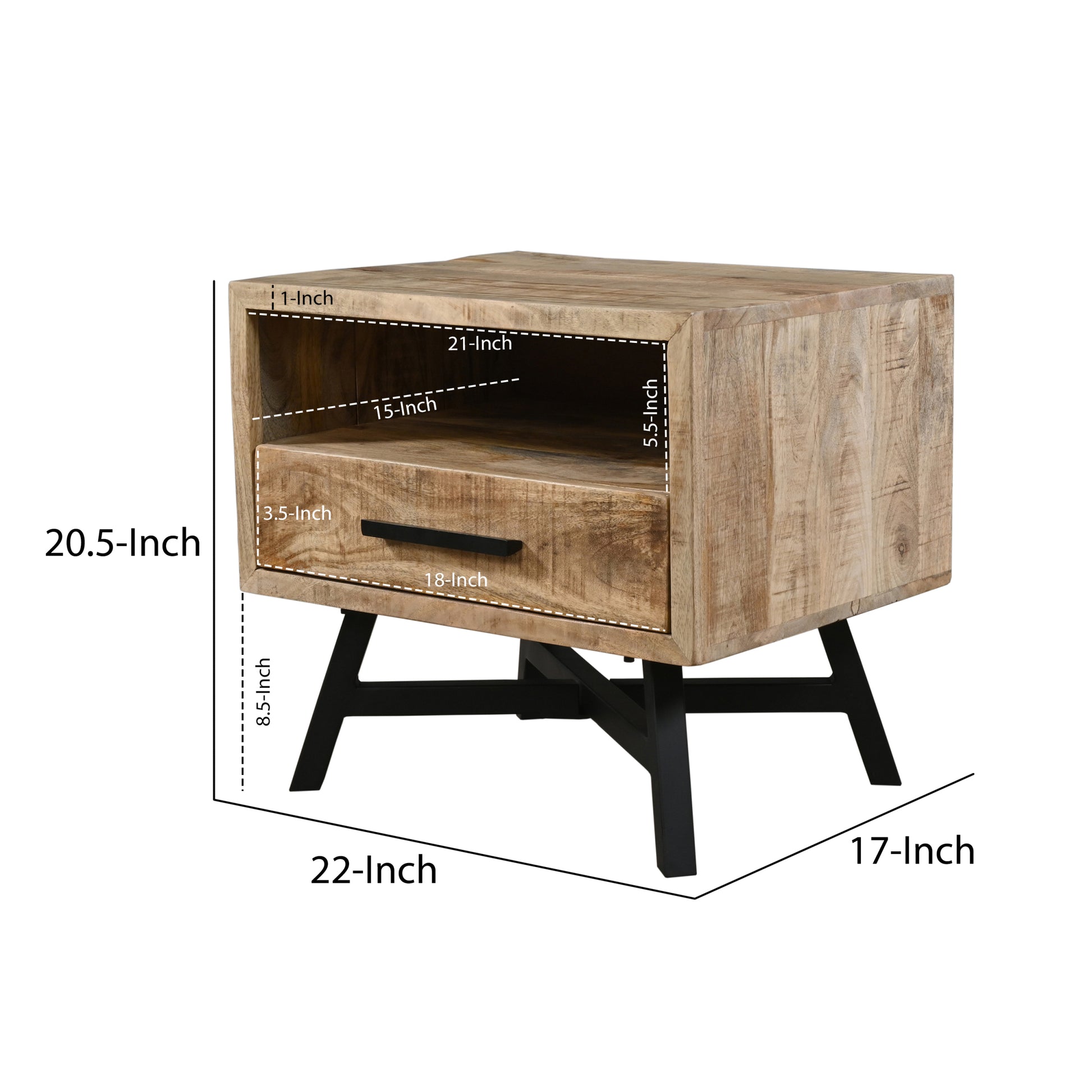 Bree 22 Inch Modern Rustic Single Drawer Nightstand, Brown Mango Wood Frame, Black Iron Angled Legs Brown Metal & Wood