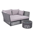 2 Piece Outdoor Sunbed And Coffee Table Set, Patio Double Chaise Lounger Loveseat Daybed With Clear Tempered Glass Table For The Patio, Poolside Grey Cushion Dark Grey Rope Grey Woven Rope