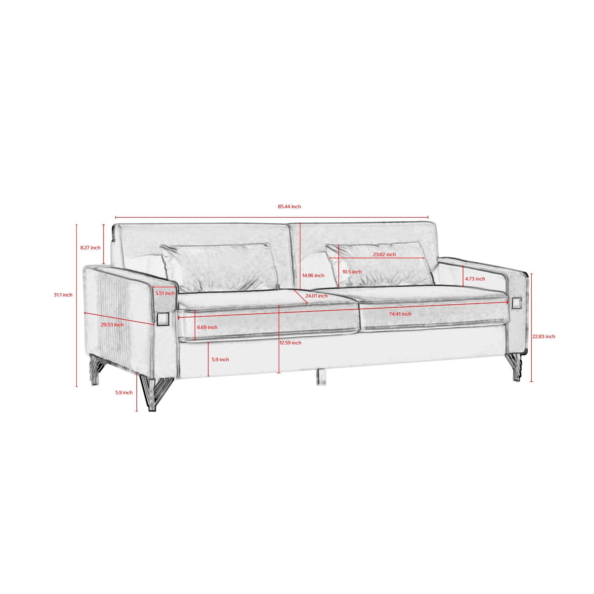 85.44" Modern Velvet Couch With Gold Legs,Upholstered Sofa For Living Room Green Wood Cushion Back Modern Eucalyptus Square Arms Velvet 2 Seat