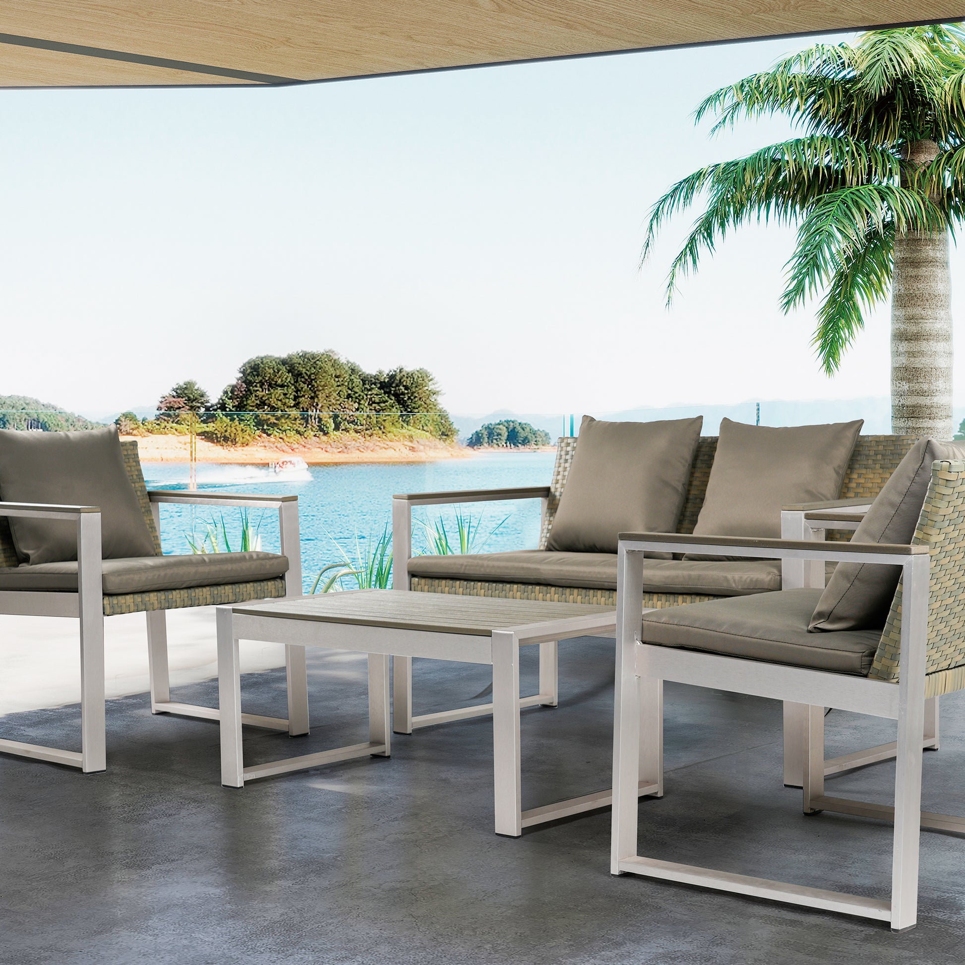 Aluminum And Rattan Modern 4 Piece Sofa Seating Group For Patio Garden Outdoor Yes Complete Patio Set Gray Silver Mildew Resistant Frame Fade Resistant Cushion Garden & Outdoor Modern Complete Patio Sets Aluminium Aluminium