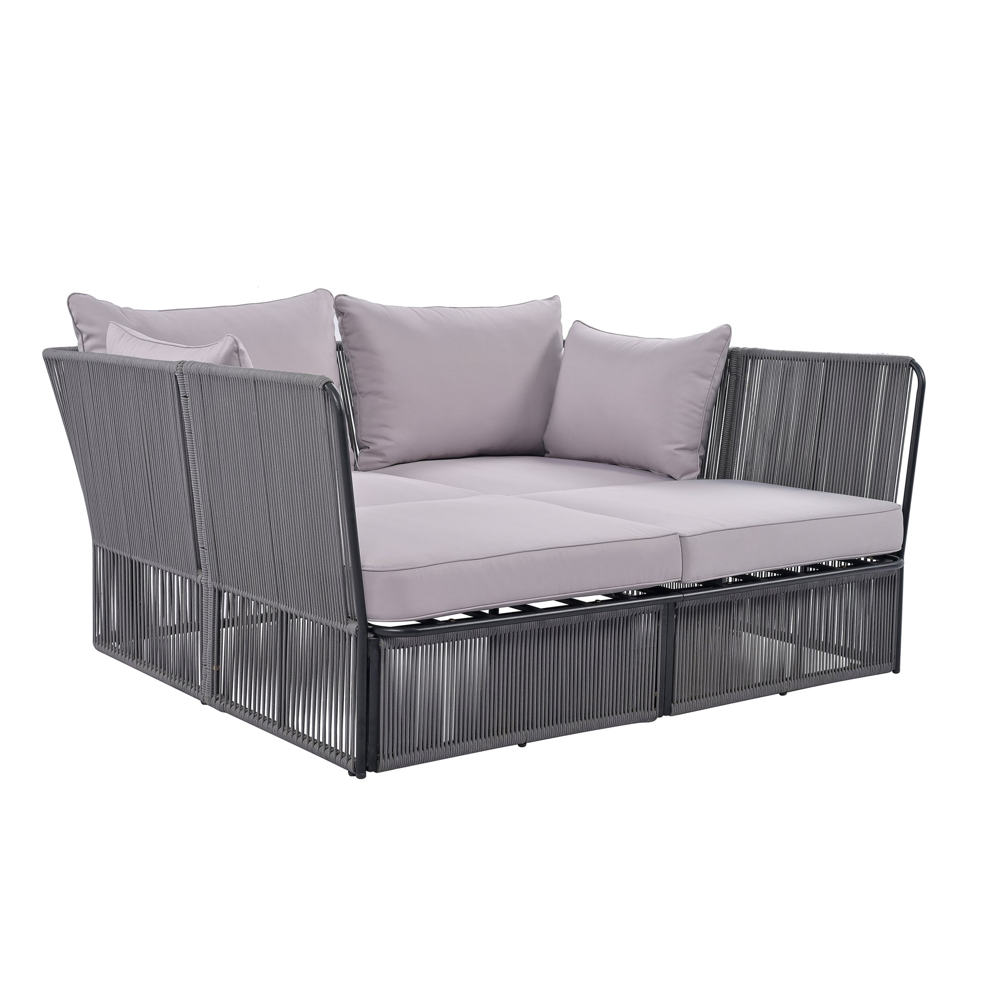 2 Piece Outdoor Sunbed And Coffee Table Set, Patio Double Chaise Lounger Loveseat Daybed With Clear Tempered Glass Table For The Patio, Poolside Grey Cushion Dark Grey Rope Grey Woven Rope