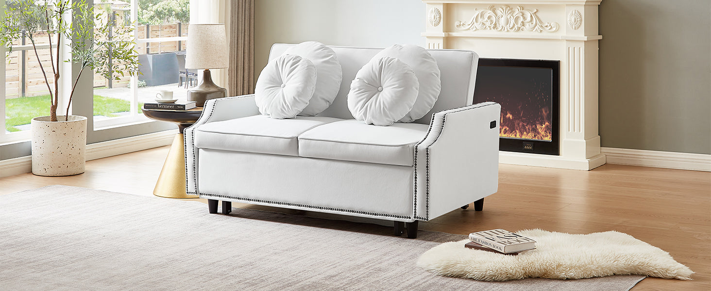 54.7" Multiple Adjustable Positions Sofa Bed Stylish Sofa Bed With A Button Tufted Backrest, Two Usb Ports And Four Floral Lumbar Pillows For Living Room, Bedroom,Or Small Space, Beige Beige Foam Polyester 2 Seat