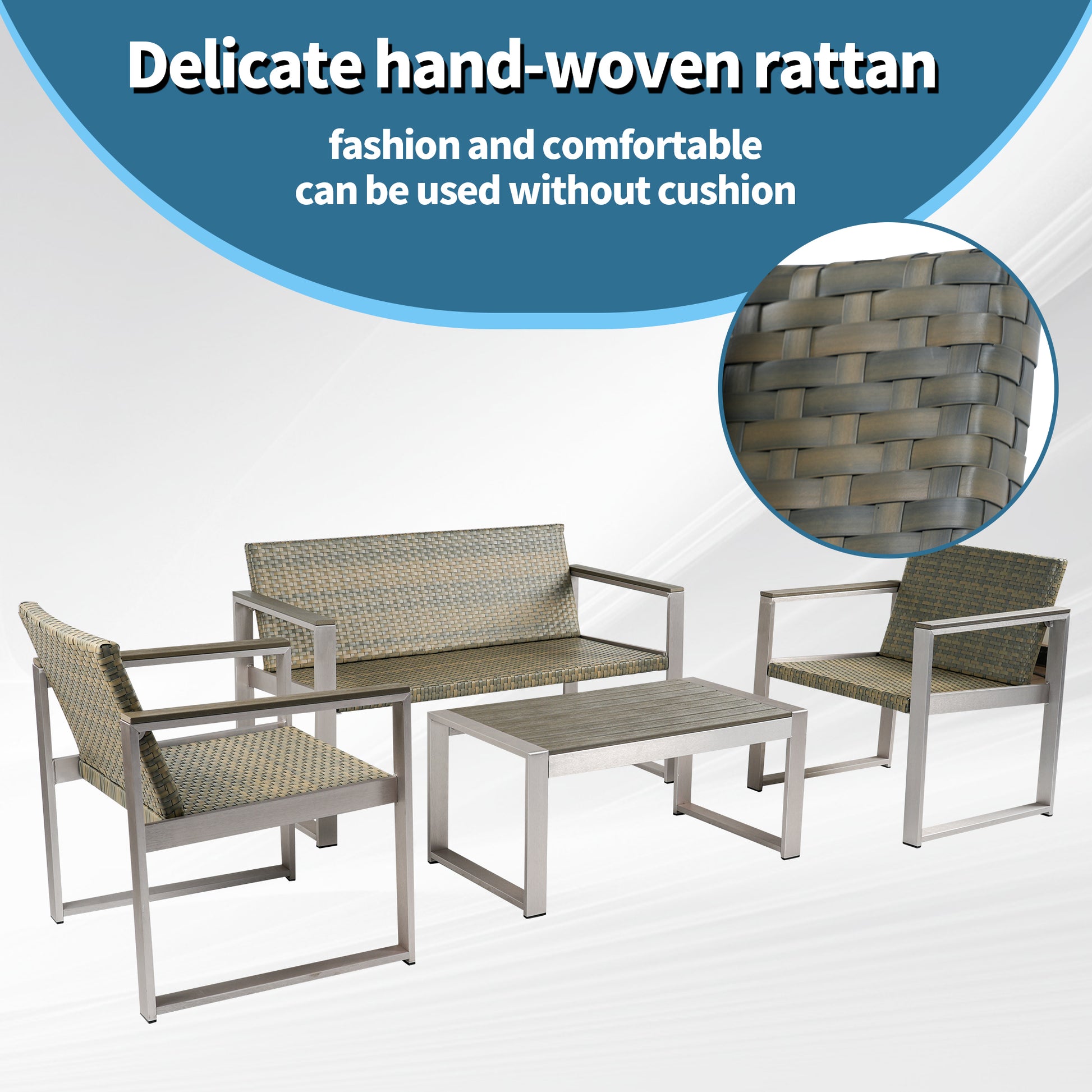 Aluminum And Rattan Modern 4 Piece Sofa Seating Group For Patio Garden Outdoor Yes Complete Patio Set Gray Silver Mildew Resistant Frame Fade Resistant Cushion Garden & Outdoor Modern Complete Patio Sets Aluminium Aluminium
