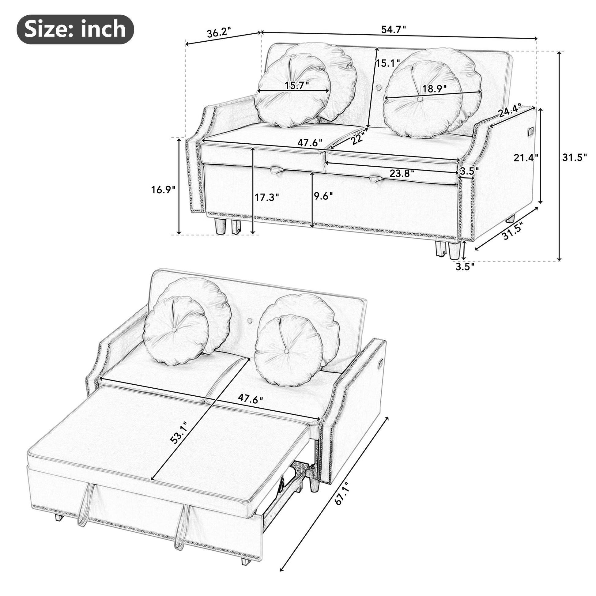 54.7" Multiple Adjustable Positions Sofa Bed Stylish Sofa Bed With A Button Tufted Backrest, Two Usb Ports And Four Floral Lumbar Pillows For Living Room, Bedroom,Or Small Space, Coffee Coffee Foam Polyester 2 Seat