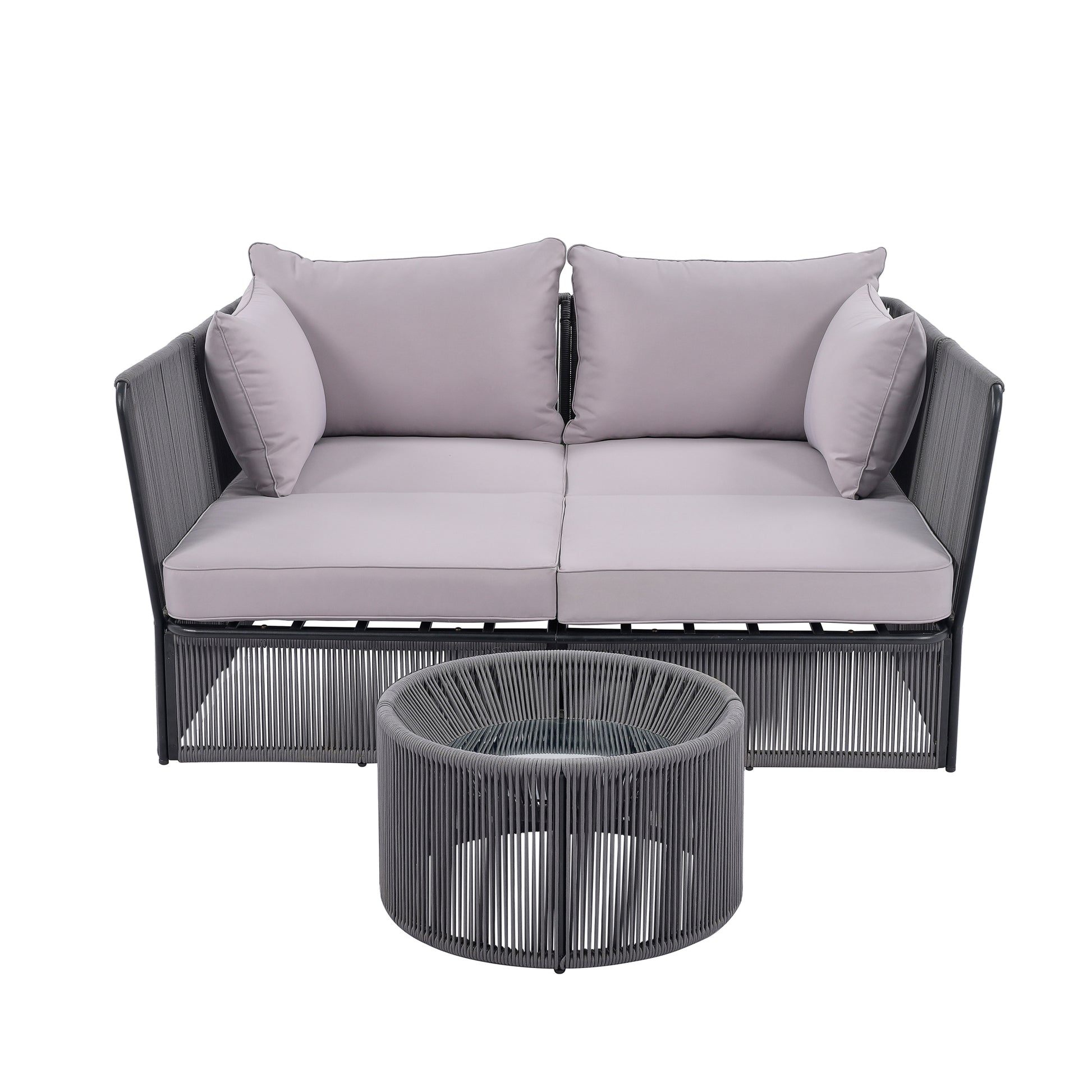 2 Piece Outdoor Sunbed And Coffee Table Set, Patio Double Chaise Lounger Loveseat Daybed With Clear Tempered Glass Table For The Patio, Poolside Grey Cushion Dark Grey Rope Grey Woven Rope