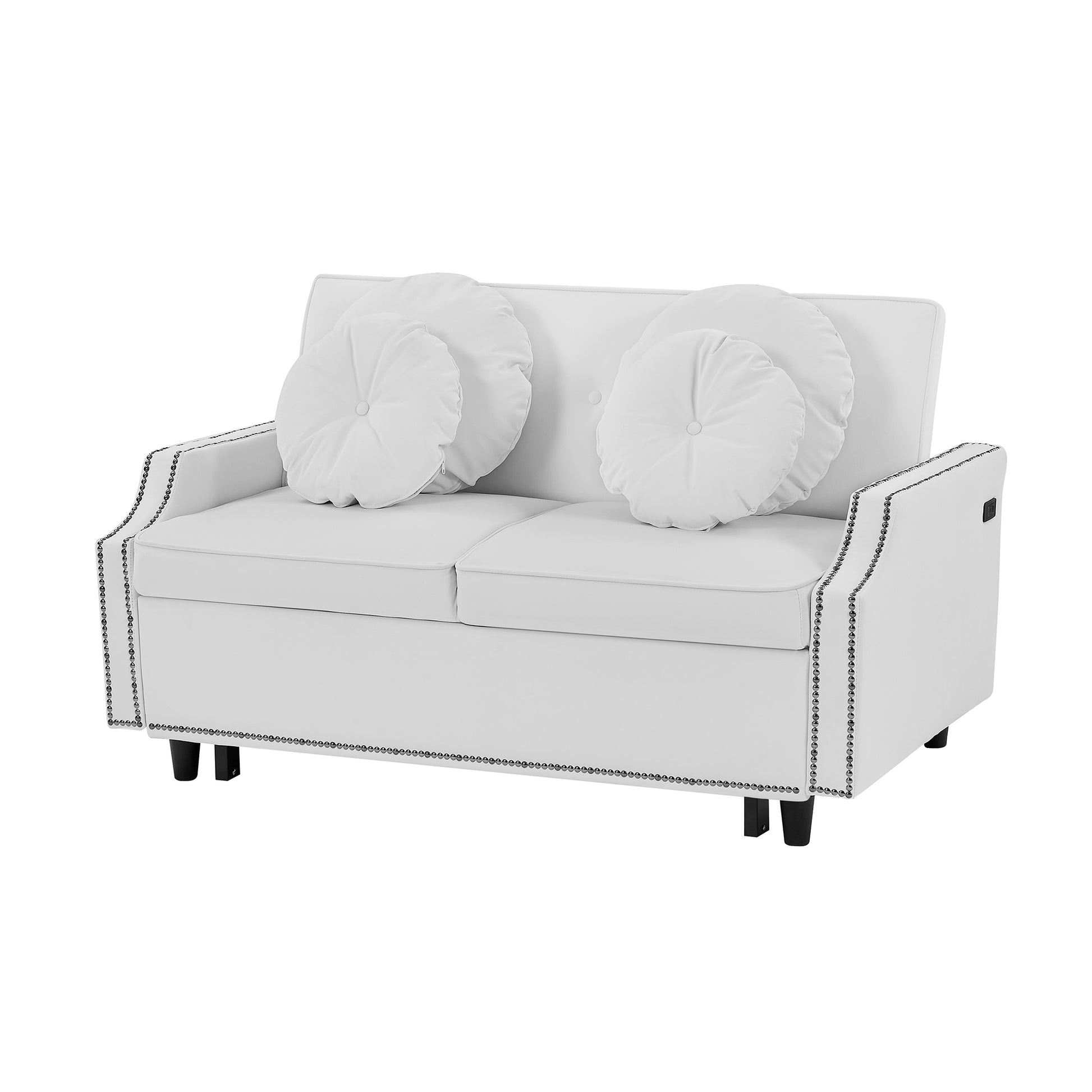 54.7" Multiple Adjustable Positions Sofa Bed Stylish Sofa Bed With A Button Tufted Backrest, Two Usb Ports And Four Floral Lumbar Pillows For Living Room, Bedroom,Or Small Space, Beige Beige Foam Polyester 2 Seat