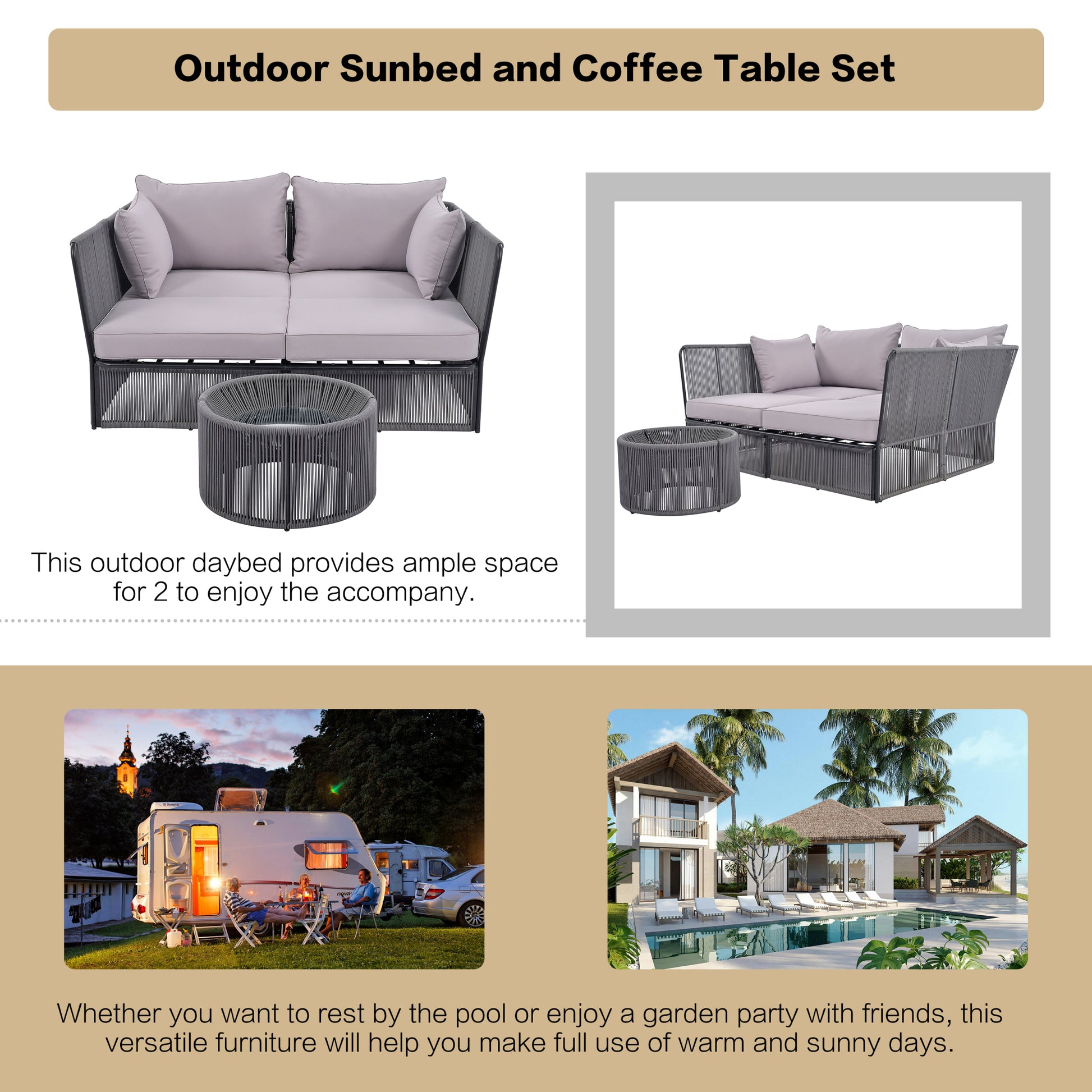 2 Piece Outdoor Sunbed And Coffee Table Set, Patio Double Chaise Lounger Loveseat Daybed With Clear Tempered Glass Table For The Patio, Poolside Grey Cushion Dark Grey Rope Grey Woven Rope