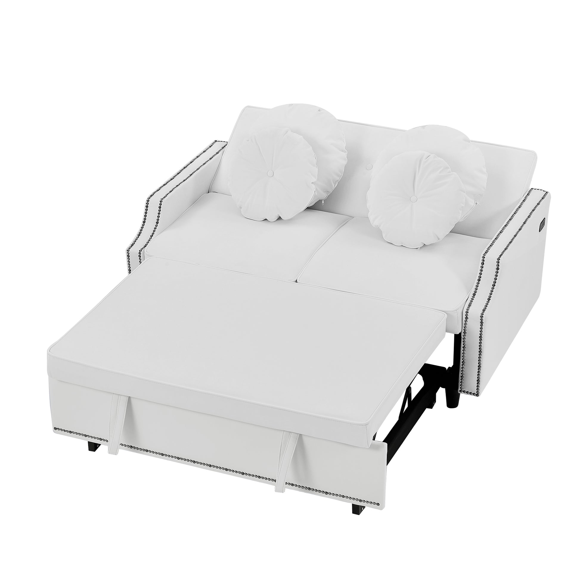 54.7" Multiple Adjustable Positions Sofa Bed Stylish Sofa Bed With A Button Tufted Backrest, Two Usb Ports And Four Floral Lumbar Pillows For Living Room, Bedroom,Or Small Space, Beige Beige Foam Polyester 2 Seat