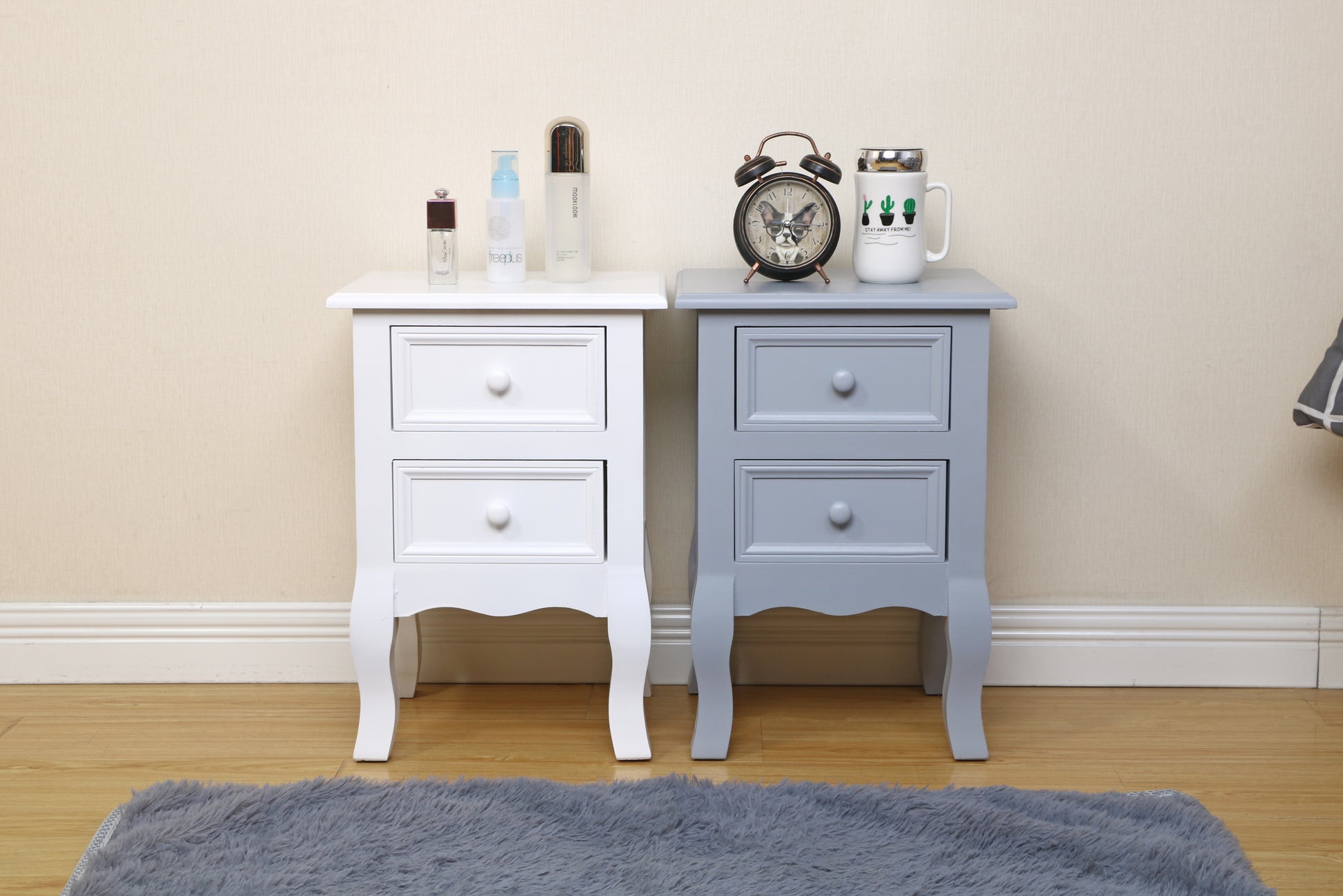 Set Nightstands Bedroom, Simple Wooden Bedside Table Night Stand With Drawer And Storage Basket Household Gray Gray Solid Wood Mdf