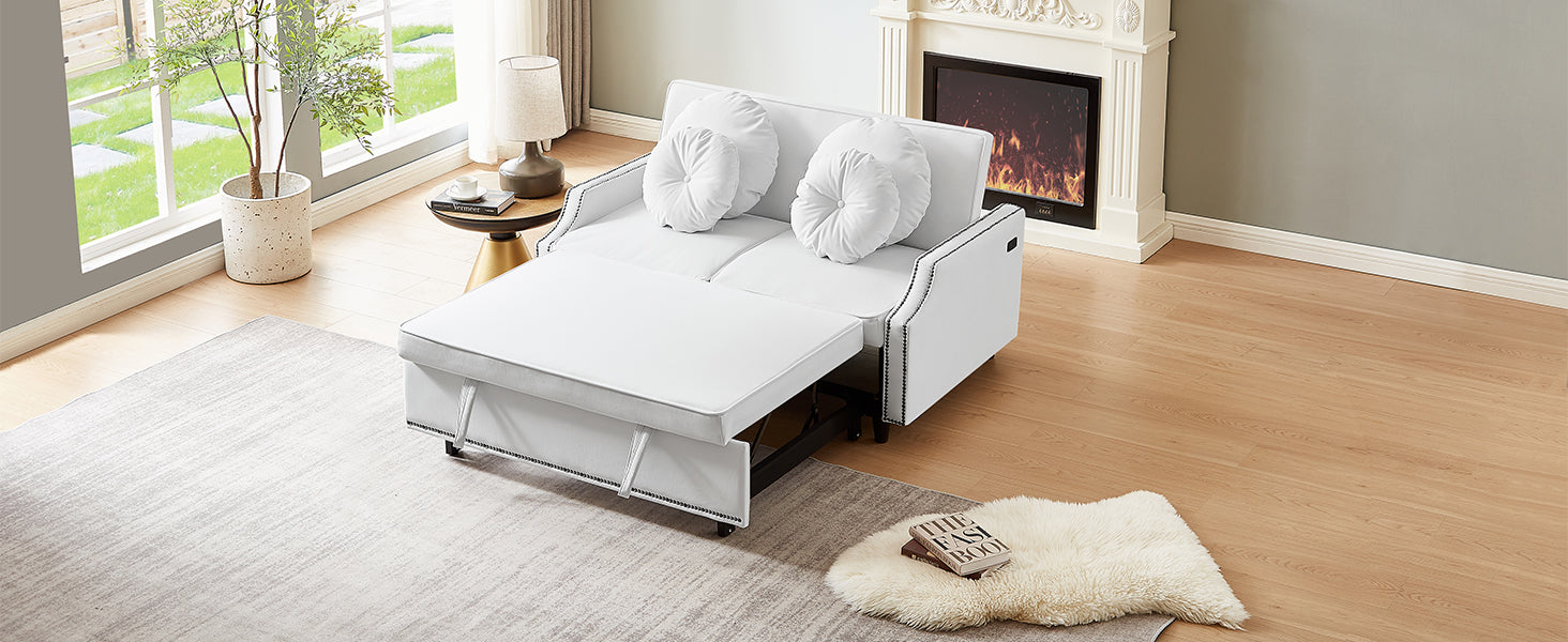 54.7" Multiple Adjustable Positions Sofa Bed Stylish Sofa Bed With A Button Tufted Backrest, Two Usb Ports And Four Floral Lumbar Pillows For Living Room, Bedroom,Or Small Space, Beige Beige Foam Polyester 2 Seat