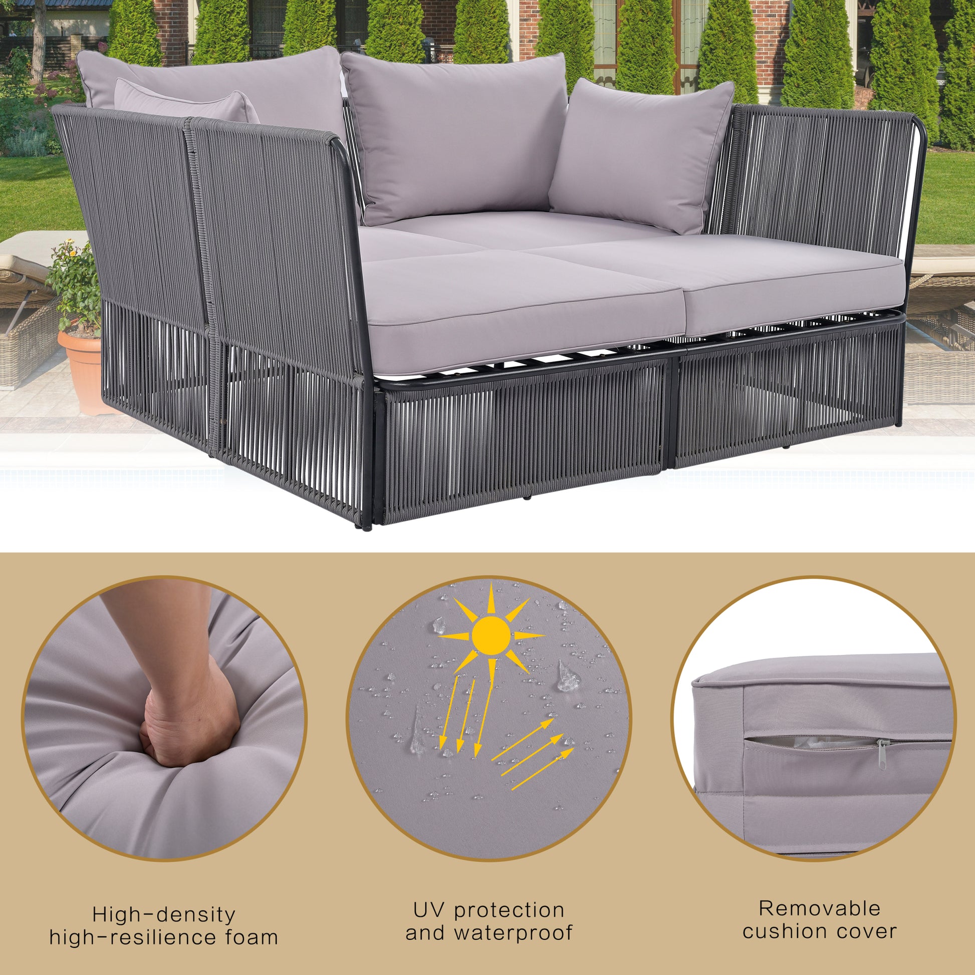 2 Piece Outdoor Sunbed And Coffee Table Set, Patio Double Chaise Lounger Loveseat Daybed With Clear Tempered Glass Table For The Patio, Poolside Grey Cushion Dark Grey Rope Grey Woven Rope