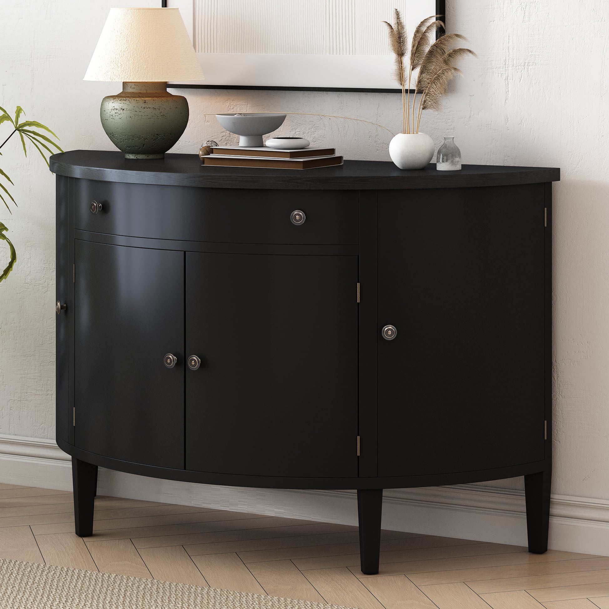 Curved Design Storage Cabinet Made Of Fraxinus Mandschuric Solid Wood Veneer, Adjustable Shelves, Suitable For Corridors, Entrances And Study. Black Primary Living Space Mdf
