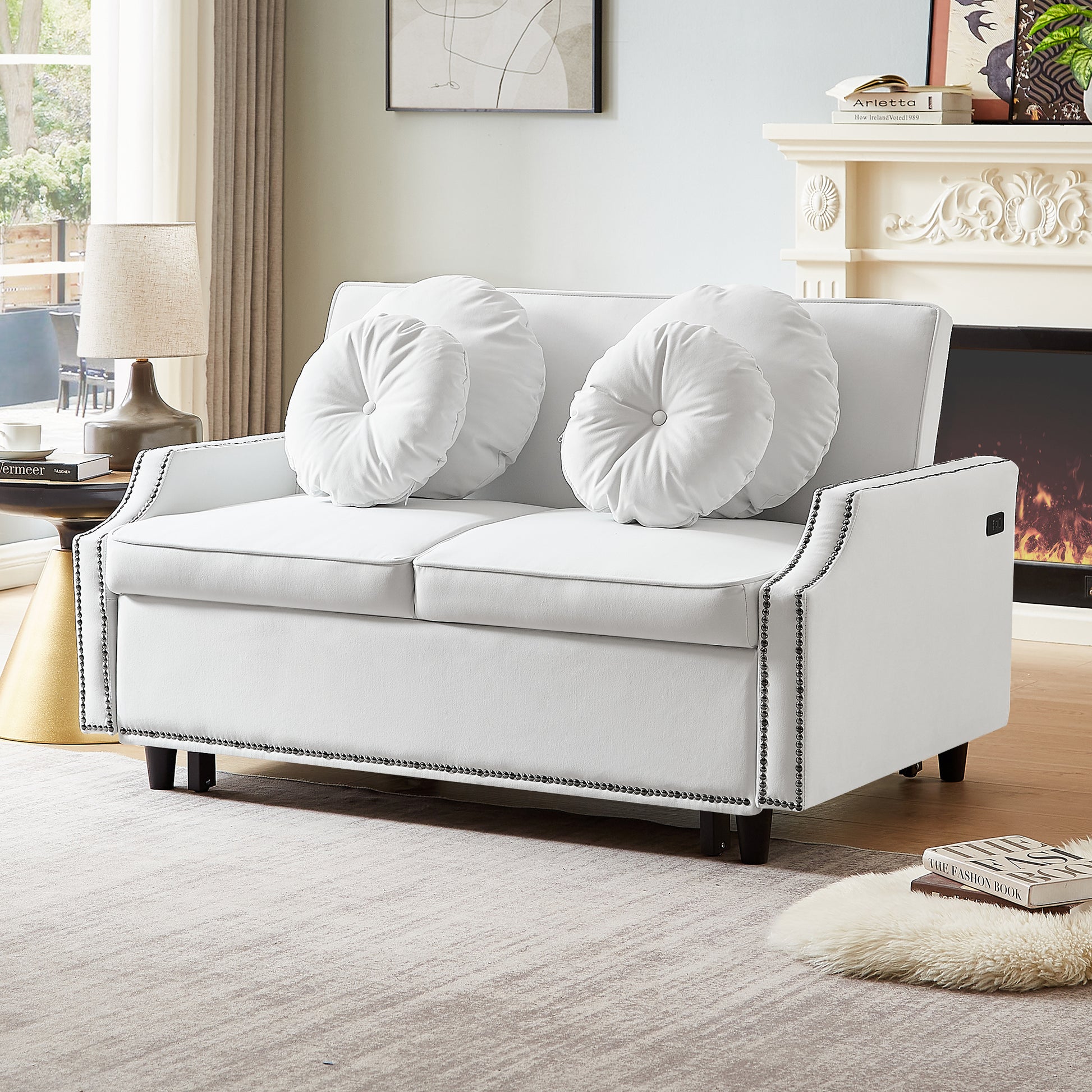 54.7" Multiple Adjustable Positions Sofa Bed Stylish Sofa Bed With A Button Tufted Backrest, Two Usb Ports And Four Floral Lumbar Pillows For Living Room, Bedroom,Or Small Space, Beige Beige Foam Polyester 2 Seat