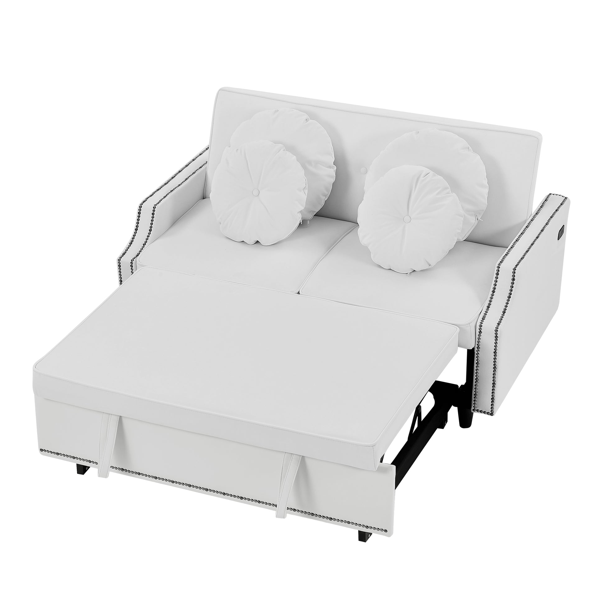 54.7" Multiple Adjustable Positions Sofa Bed Stylish Sofa Bed With A Button Tufted Backrest, Two Usb Ports And Four Floral Lumbar Pillows For Living Room, Bedroom,Or Small Space, Beige Beige Foam Polyester 2 Seat