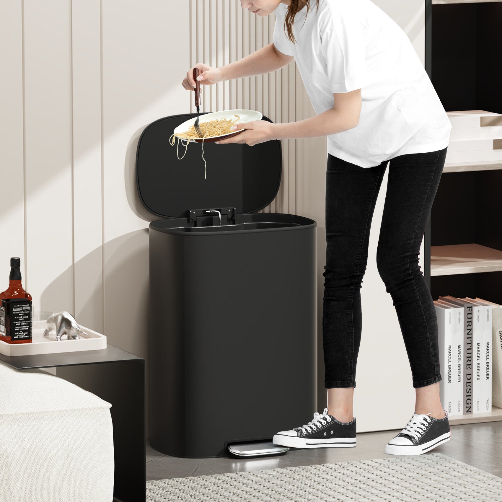 13 Gallon 50L Kitchen Foot Pedal Operated Soft Close Trash Can Stainless Steel Ellipse Bustbin Black Black Steel