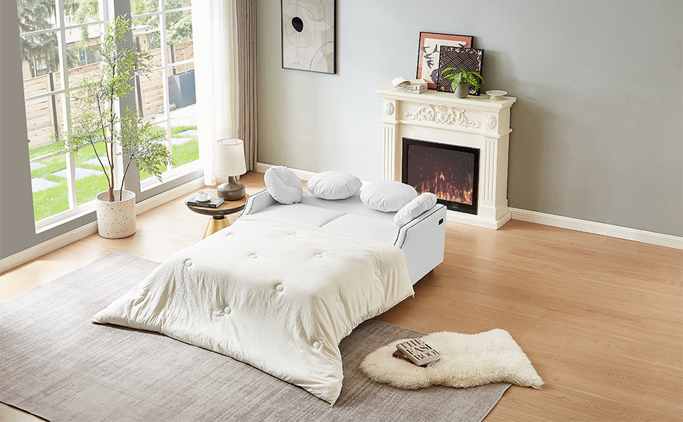 54.7" Multiple Adjustable Positions Sofa Bed Stylish Sofa Bed With A Button Tufted Backrest, Two Usb Ports And Four Floral Lumbar Pillows For Living Room, Bedroom,Or Small Space, Beige Beige Foam Polyester 2 Seat