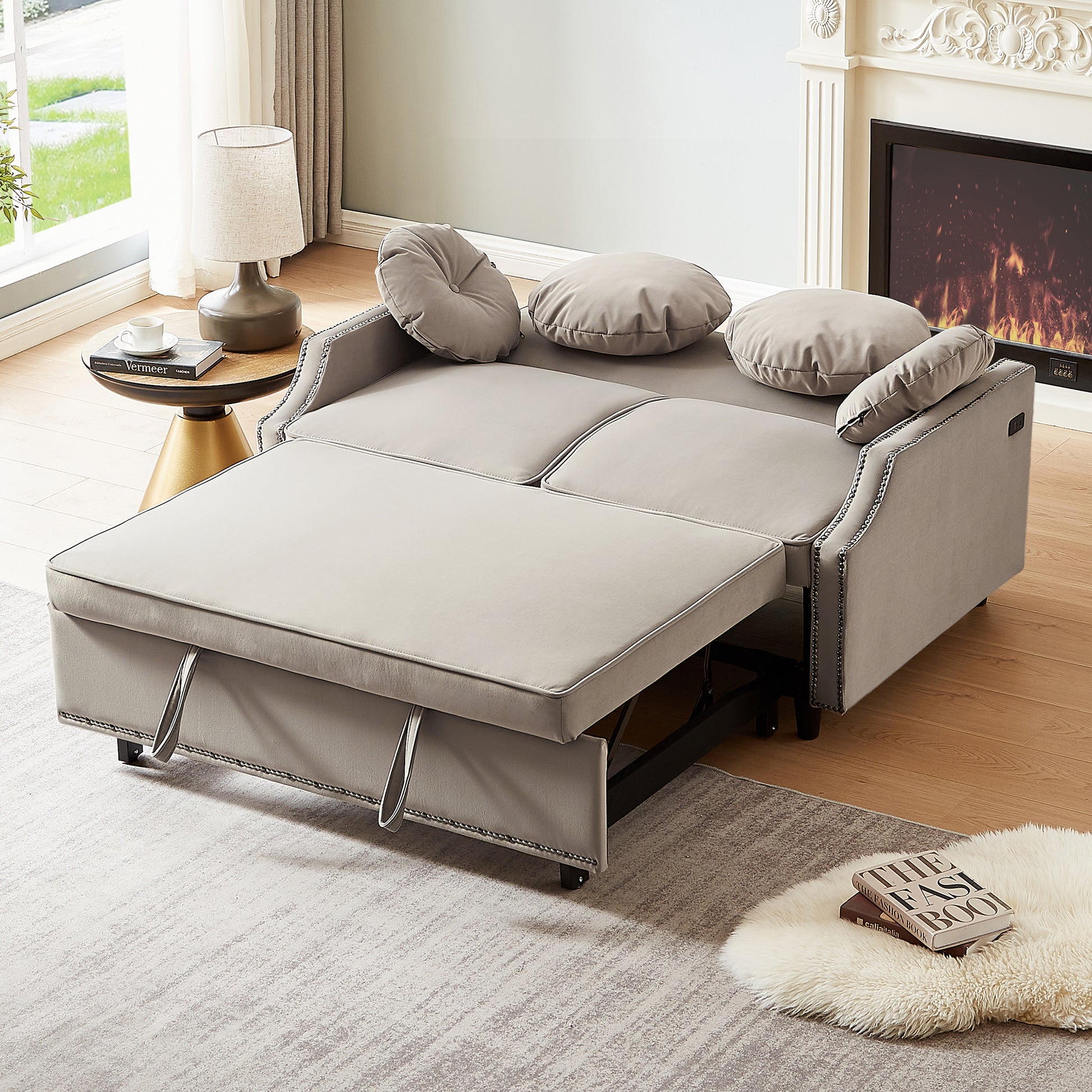 54.7" Multiple Adjustable Positions Sofa Bed Stylish Sofa Bed With A Button Tufted Backrest, Two Usb Ports And Four Floral Lumbar Pillows For Living Room, Bedroom,Or Small Space, Coffee Coffee Foam Polyester 2 Seat