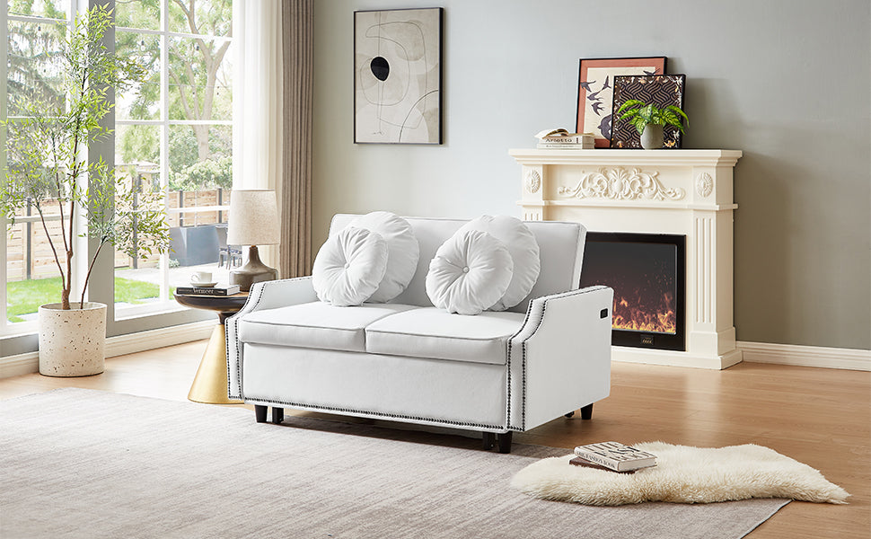 54.7" Multiple Adjustable Positions Sofa Bed Stylish Sofa Bed With A Button Tufted Backrest, Two Usb Ports And Four Floral Lumbar Pillows For Living Room, Bedroom,Or Small Space, Beige Beige Foam Polyester 2 Seat