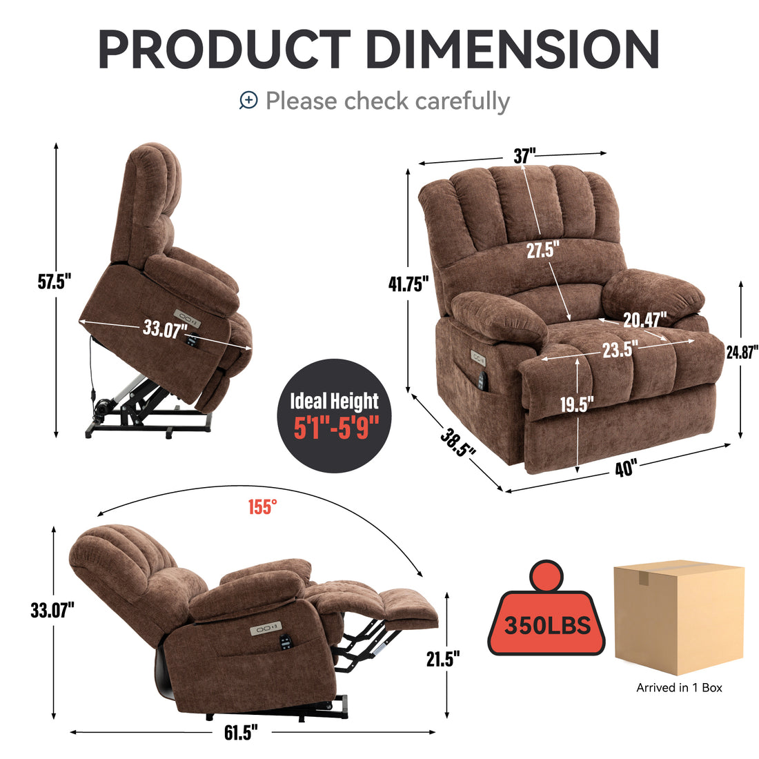 23" Seat Width And High Back Large Size Chenille Power Lift Recliner Chair With 8 Point Vibration Massage And Lumbar Heating, Brown White Metal Primary Living Space Heavy Duty Pine Dark Brown Chenille Power Push Button Medium Firm Cushion Back American