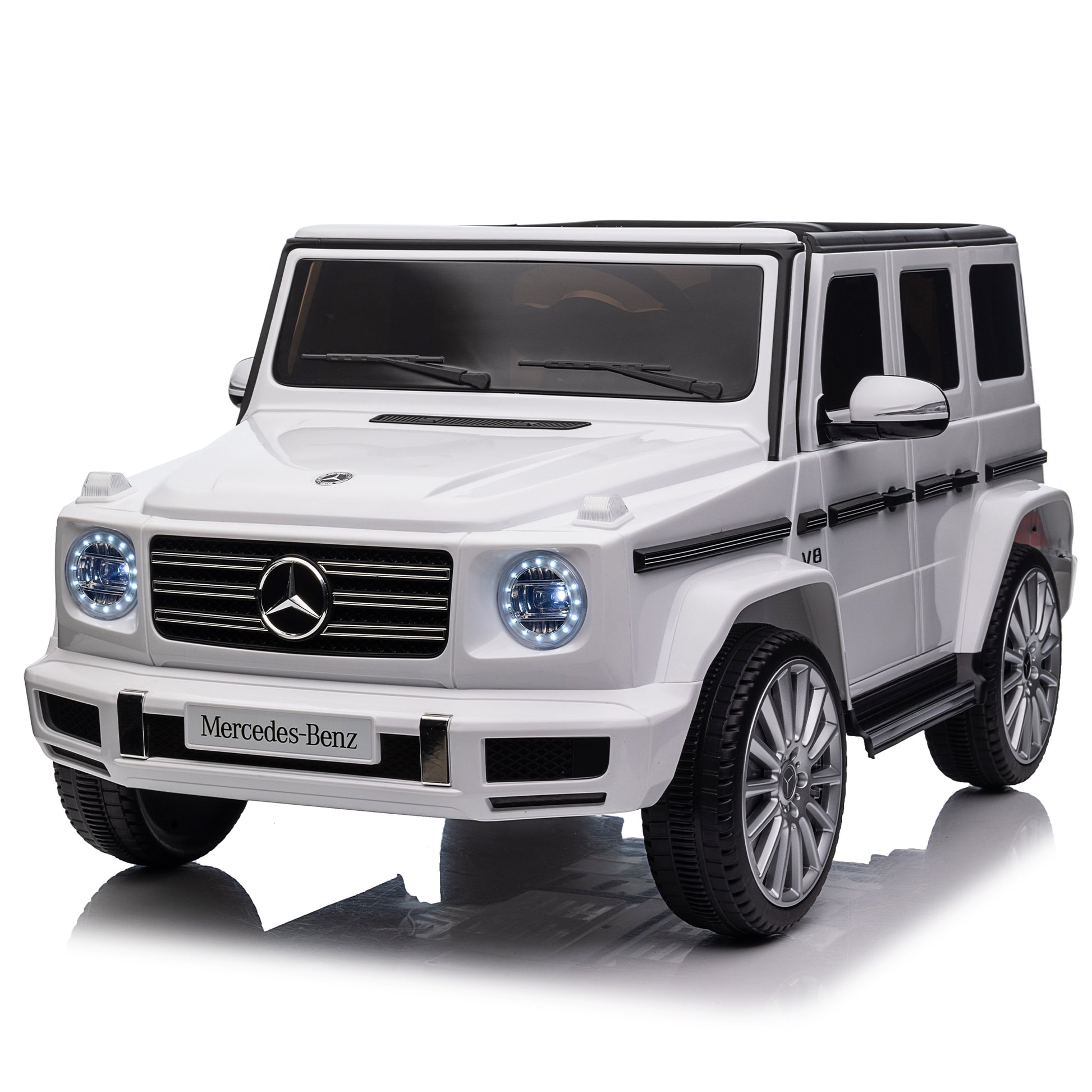 Licensed Mercedes Benz G500,24V Kids Ride On Toy 2.4G W Parents Remote Control,Electric Car For Kids,Three Speed Adjustable,Power Display, Usb,Mp3 ,Bluetooth,Led Light,Three Point Safety Belt White Plastic