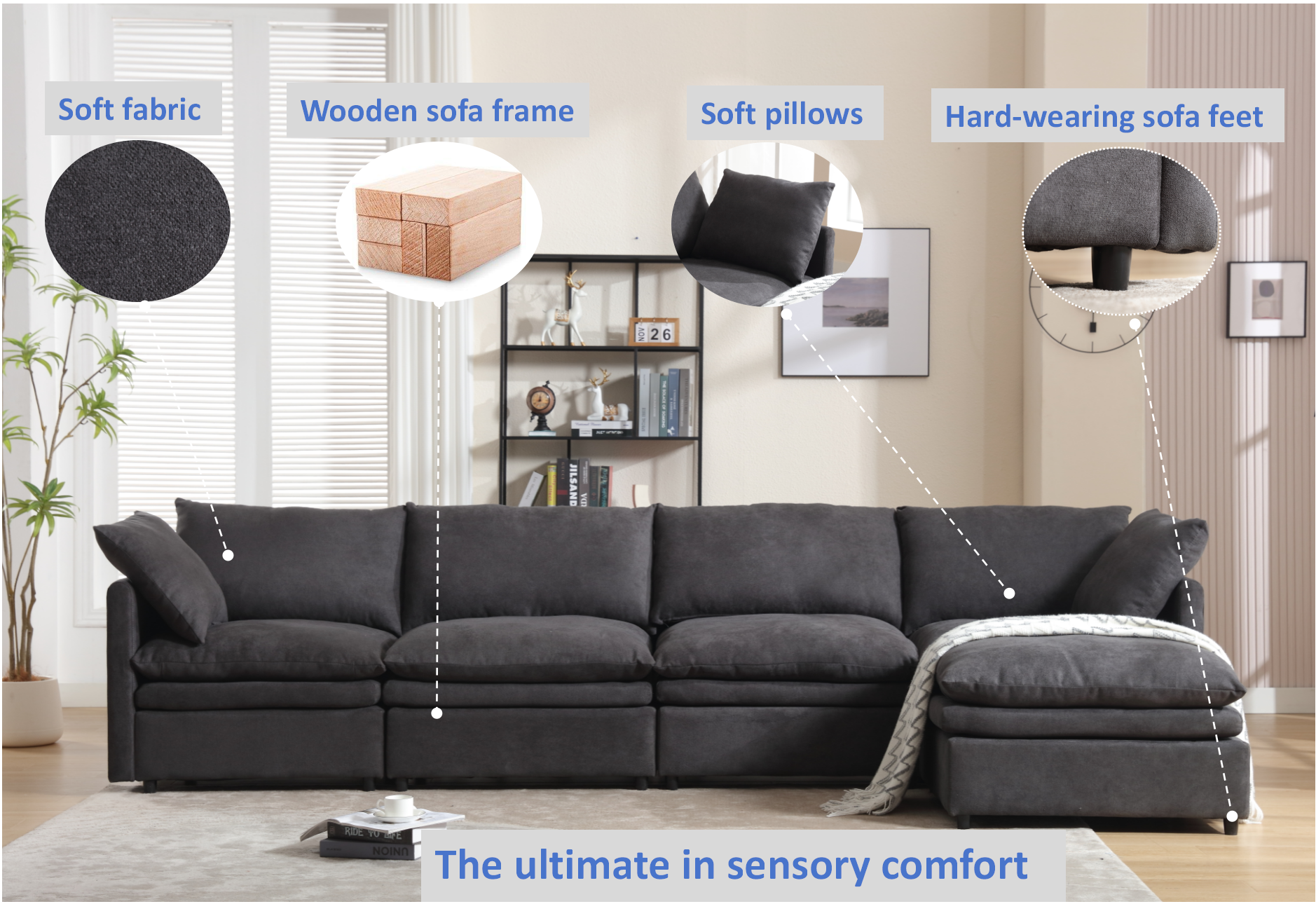 Modern U Shaped Sectional Sofa ,5 Seat Upholstered Sofa Furniture,Sleeper Sofa Couch With Chaise Lounge For Living Room,Apartment,Dark Gray,Polyester Dark Gray Polyester Wood Primary Living Space Medium Soft Cushion Back Modern Pillow Top Arms Polyester