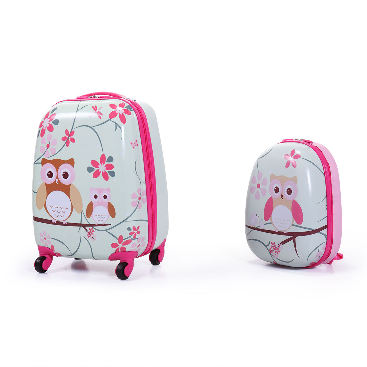 2 Pcs Kids Luggage Set, 12" Backpack And 16" Spinner Case With 4 Universal Wheels, Travel Suitcase For Boys Girls, Pink With Animal Patterns Pink Abs Pc