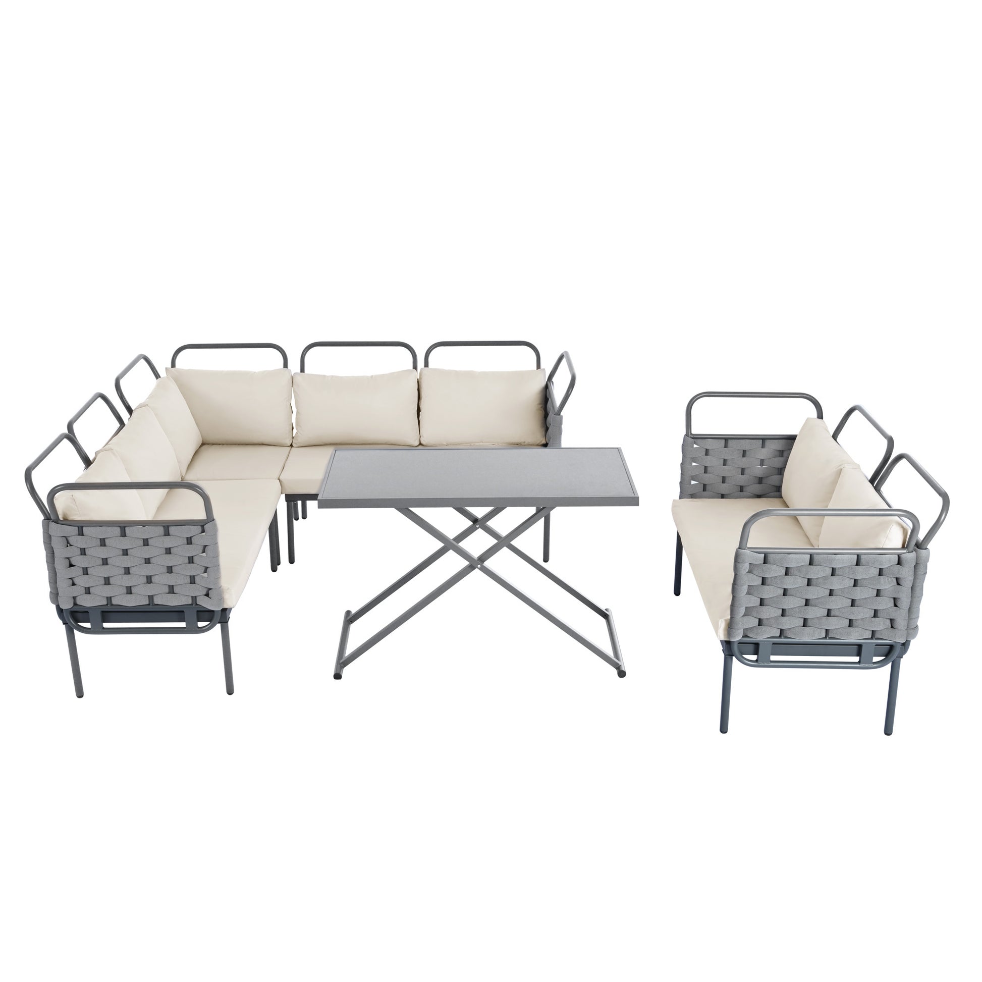 5 Piece Modern Patio Sectional Sofa Set Outdoor Woven Rope Furniture Set With Glass Table And Cushions, Gray Beige Yes Sectional Gray Beige Weather Resistant Frame Water Resistant Cushion Garden & Outdoor Modern Sectional Seating Groups Foam Woven Rope