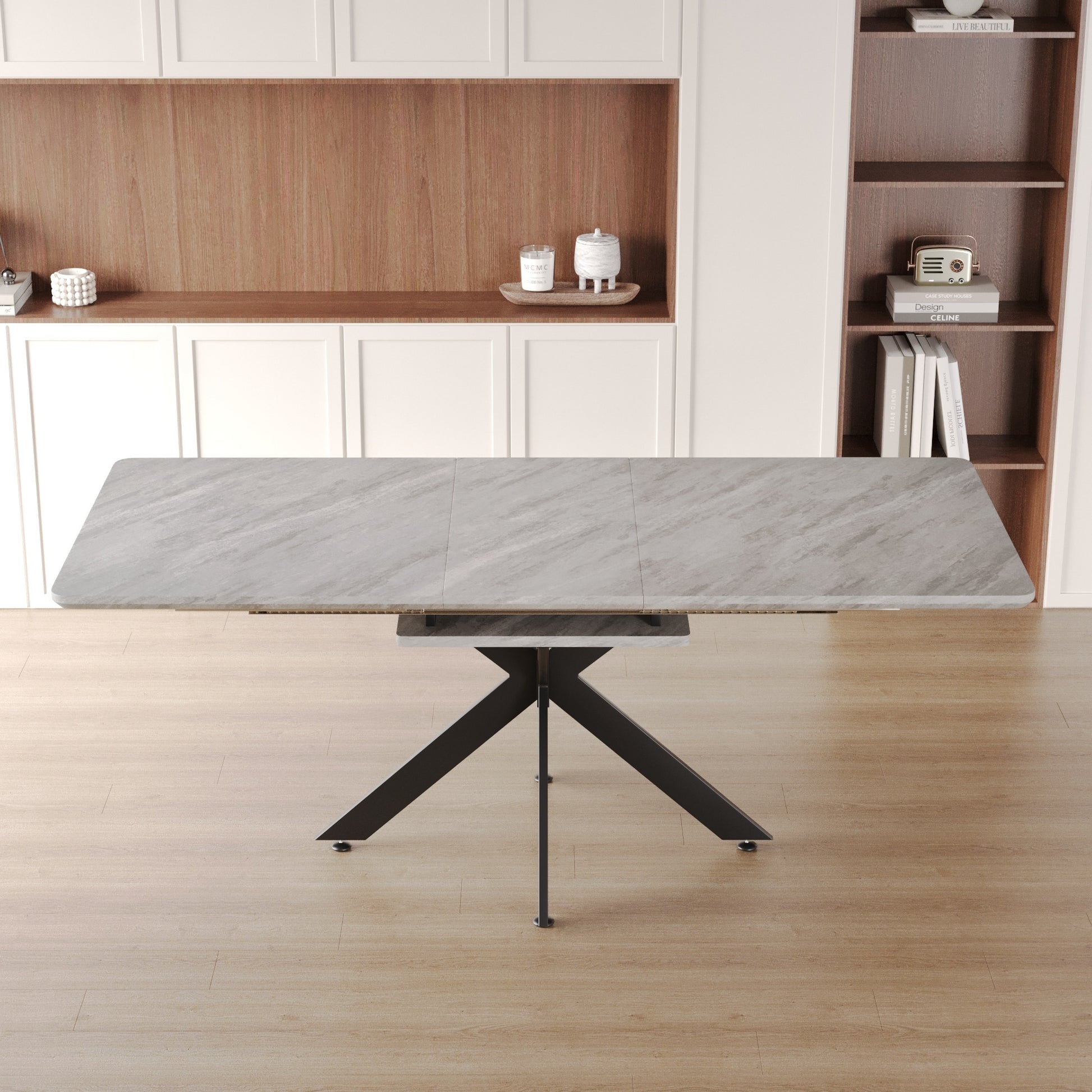 62.4" Extendable 78.15"Very Large Grey Dining Table Modern Mid Century Kitchen Table Set For Dining Room, Party Table,Conference Table,Black Metal X Shape Legs. Grey Black Mdf