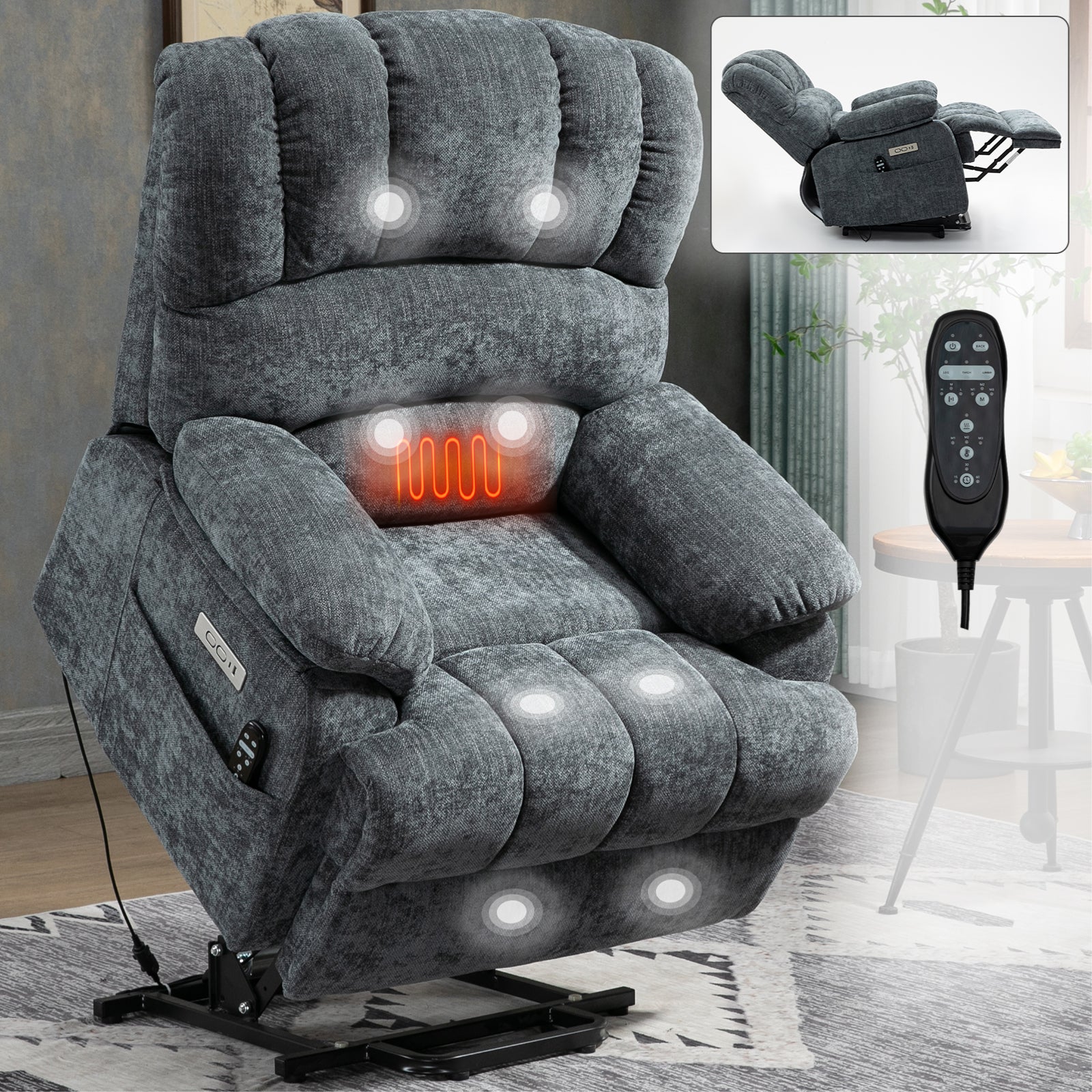 23" Seat Width And High Back Large Size Blue Chenille Power Lift Recliner Chair With 8 Point Vibration Massage And Lumbar Heating Blue Gray Chenille Metal Power Push Button Primary Living Space Medium Firm Cushion Back Heavy Duty American Design Pillow