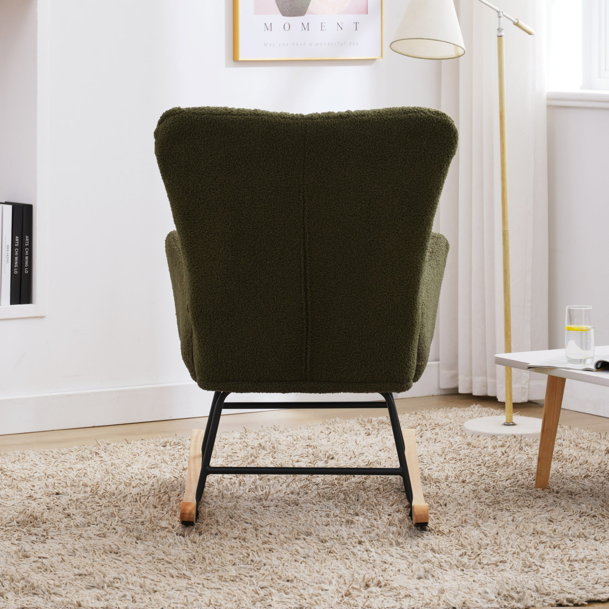 Nursery Rocking Chair, Teddy Upholstered Glider Rocker, Rocking Accent Chair With High Backrest, Comfy Rocking Accent Armchair For Living Room, Bedroom, Offices, Dark Green Iron Dark Green Primary Living Space Varnished Sponge Square Casual Rocking