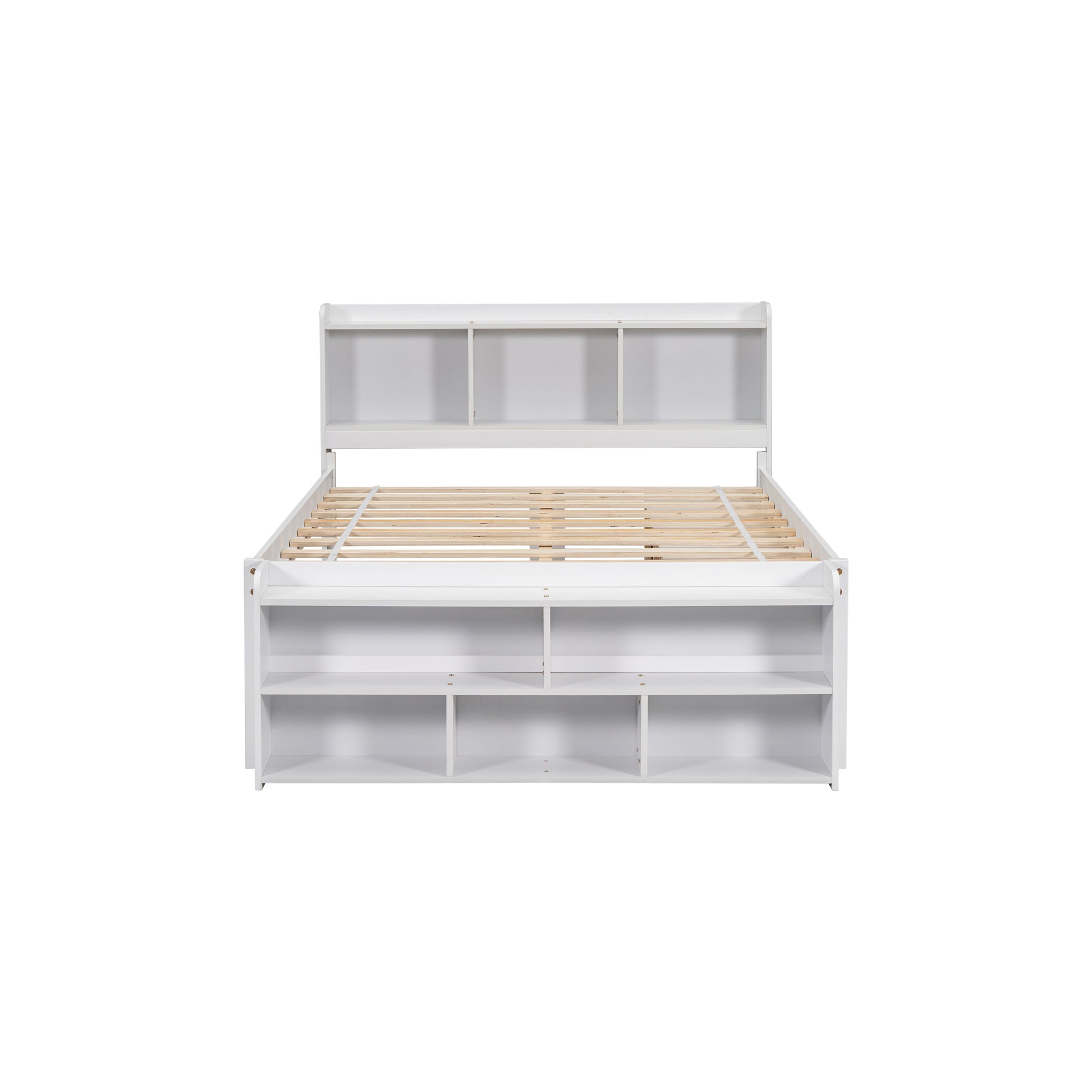 Full Bed With Bookcase Headboard, Under Bed Storage Drawers And Bed End Storage Case,White Full White American Design Pine