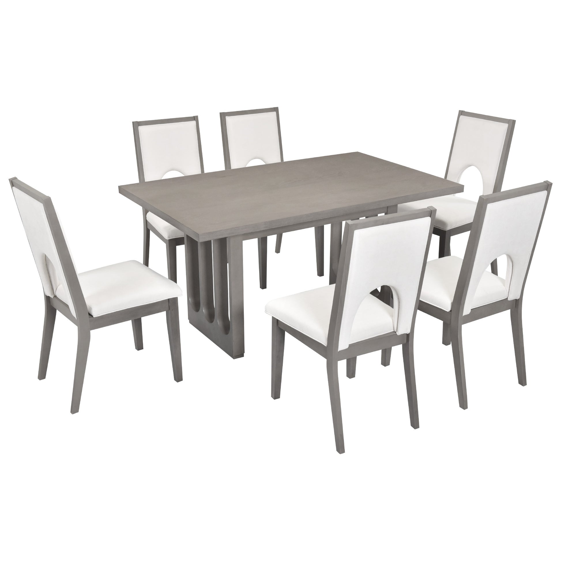 Wood Dining Table Set For 6, Farmhouse Rectangular Dining Table And 6 Upholstered Chairs Ideal For Dining Room, Kitchen Grey Beige Upholstered Chair Wood Grey Seats 6 Wood Dining Room Antique,Classic,Farmhouse Trestle Rectangular Dining Table With Chair