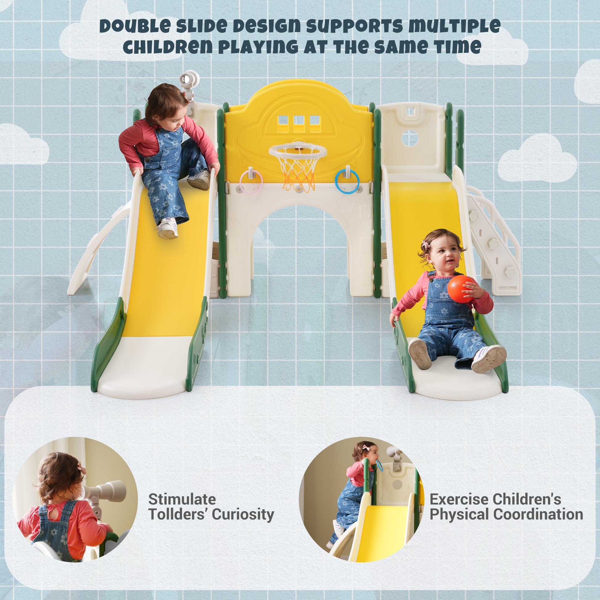 Kids Slide Playset Structure 7 In 1, Freestanding Space Set With Slide, Arch Tunnel, Ring Toss And Basketball Hoop,Double Slides For Toddlers, Kids Climbers Playground Yellow Hdpe