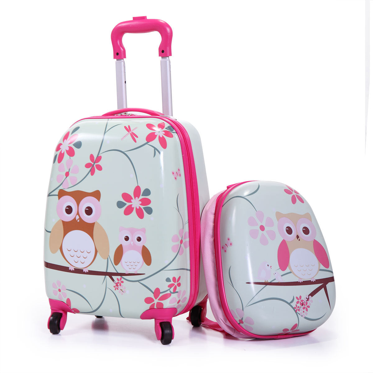 2 Pcs Kids Luggage Set, 12" Backpack And 16" Spinner Case With 4 Universal Wheels, Travel Suitcase For Boys Girls, Pink With Animal Patterns Pink Abs Pc