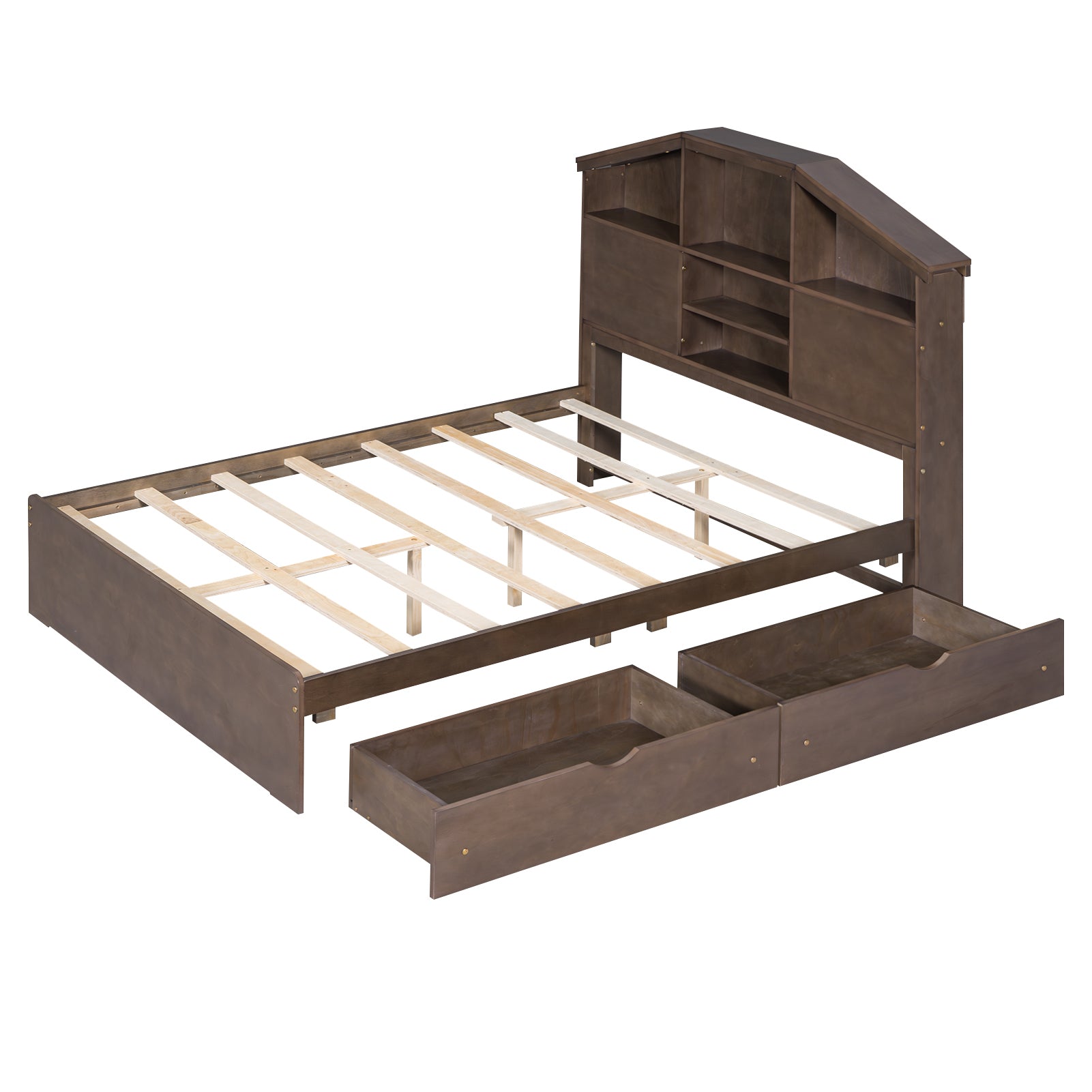 Full Size Wood Platform Bed With House Shaped Storage Headboard And 2 Drawers, Walnut Box Spring Not Required Full Walnut Wood Bedroom Solid Wood Mdf