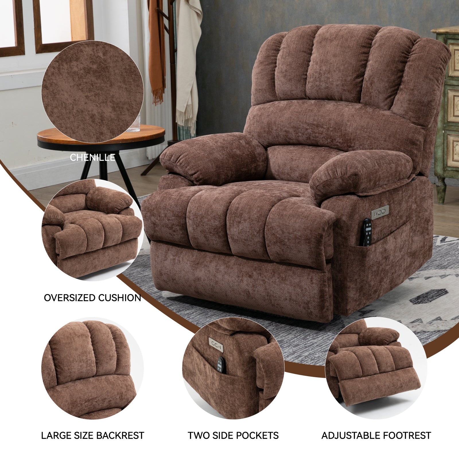 23" Seat Width And High Back Large Size Chenille Power Lift Recliner Chair With 8 Point Vibration Massage And Lumbar Heating, Brown White Metal Primary Living Space Heavy Duty Pine Dark Brown Chenille Power Push Button Medium Firm Cushion Back American