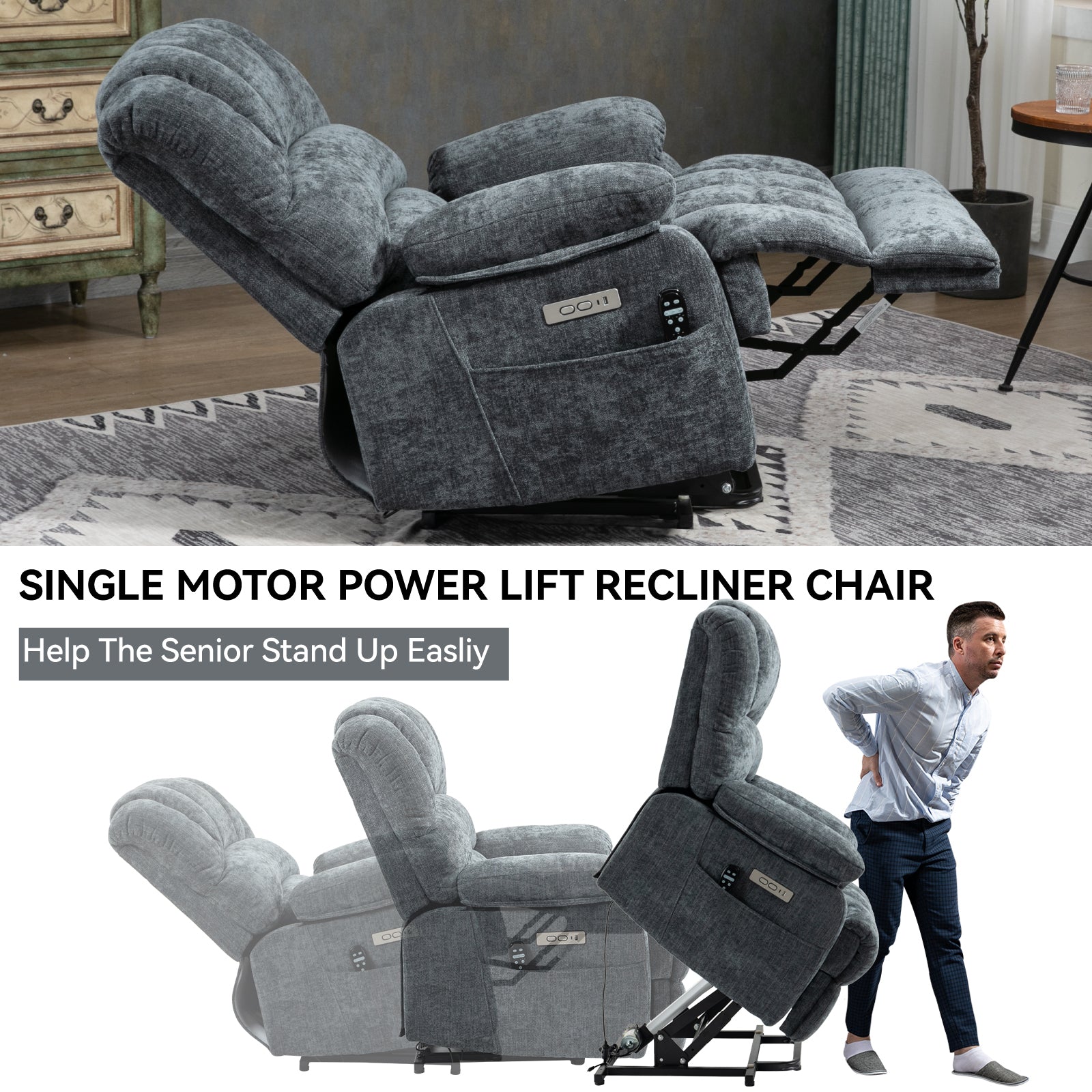 23" Seat Width And High Back Large Size Blue Chenille Power Lift Recliner Chair With 8 Point Vibration Massage And Lumbar Heating Blue Gray Chenille Metal Power Push Button Primary Living Space Medium Firm Cushion Back Heavy Duty American Design Pillow