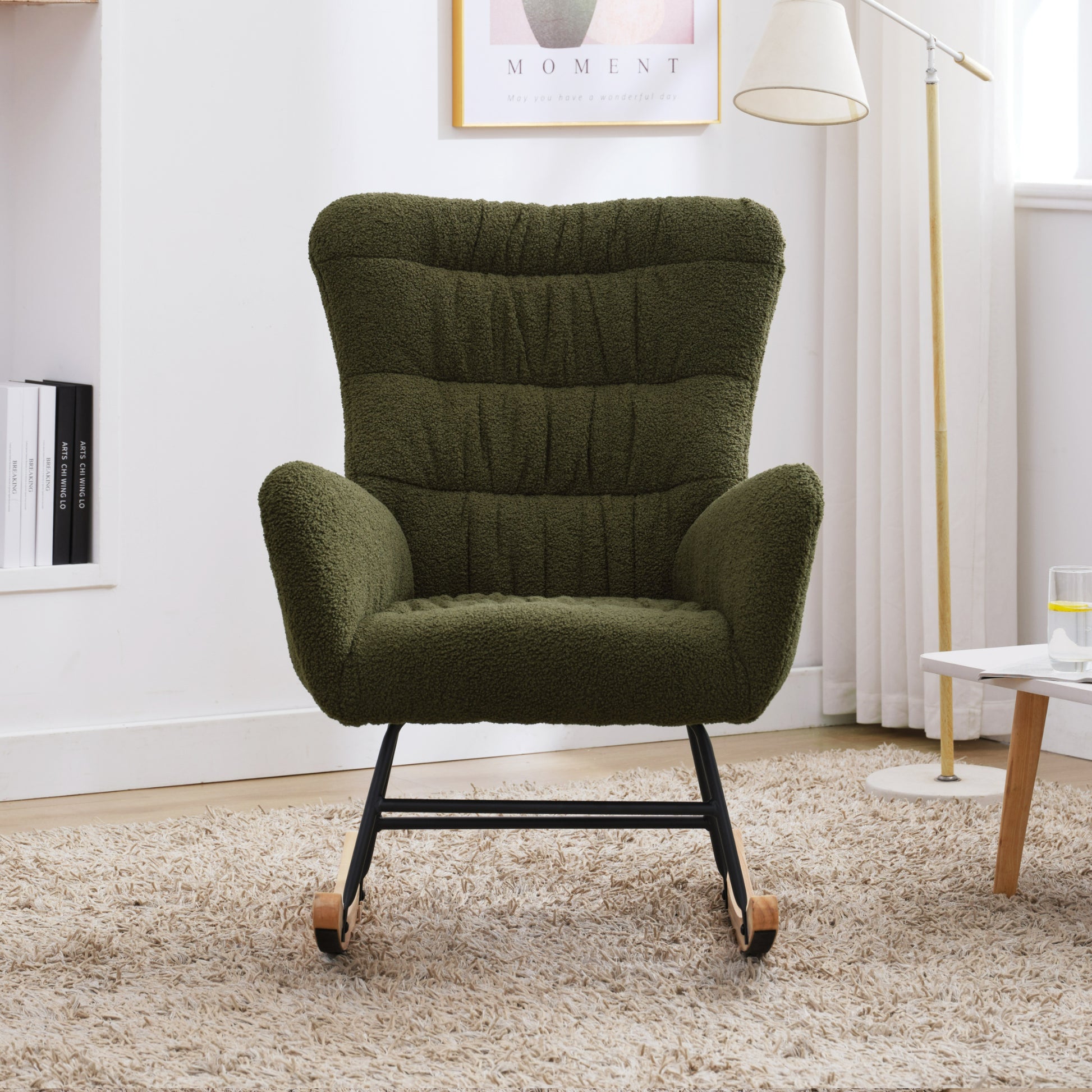 Nursery Rocking Chair, Teddy Upholstered Glider Rocker, Rocking Accent Chair With High Backrest, Comfy Rocking Accent Armchair For Living Room, Bedroom, Offices, Dark Green Iron Dark Green Primary Living Space Varnished Sponge Square Casual Rocking