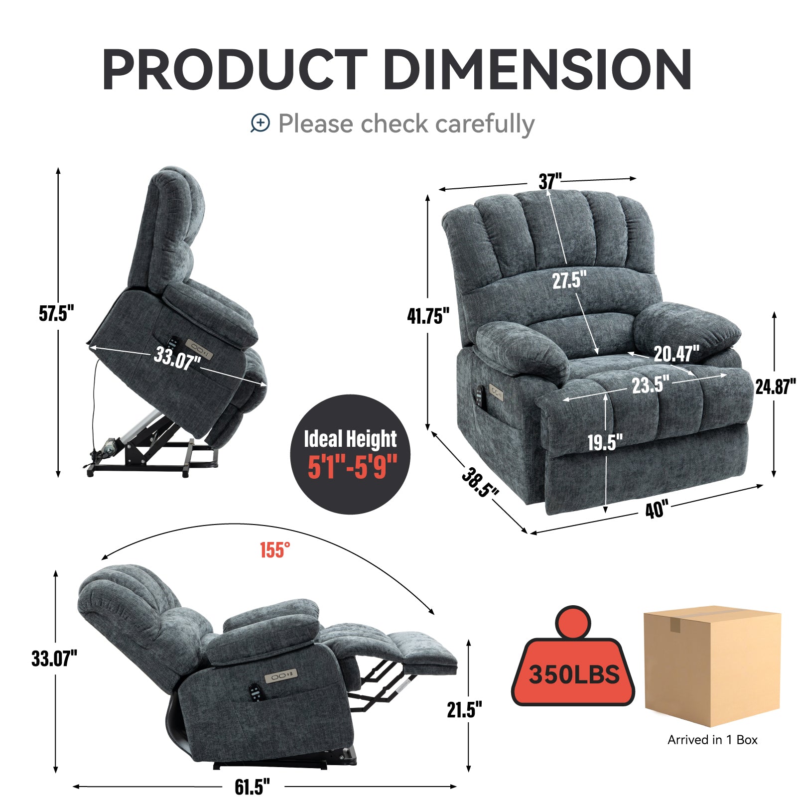 23" Seat Width And High Back Large Size Blue Chenille Power Lift Recliner Chair With 8 Point Vibration Massage And Lumbar Heating Blue Gray Chenille Metal Power Push Button Primary Living Space Medium Firm Cushion Back Heavy Duty American Design Pillow