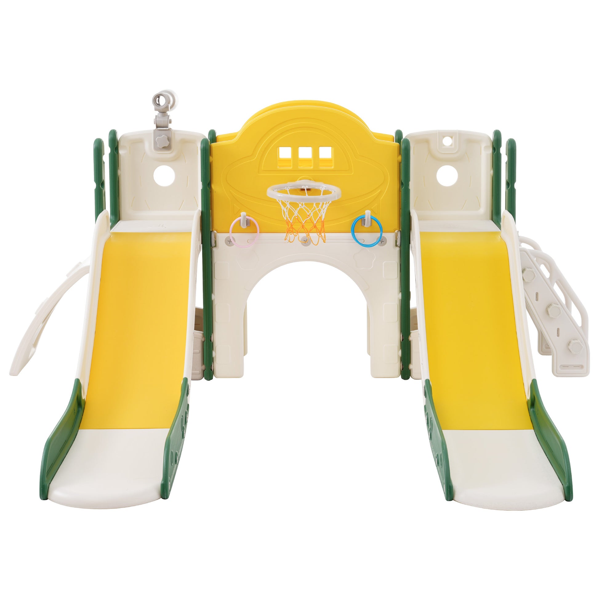 Kids Slide Playset Structure 7 In 1, Freestanding Space Set With Slide, Arch Tunnel, Ring Toss And Basketball Hoop,Double Slides For Toddlers, Kids Climbers Playground Yellow Hdpe