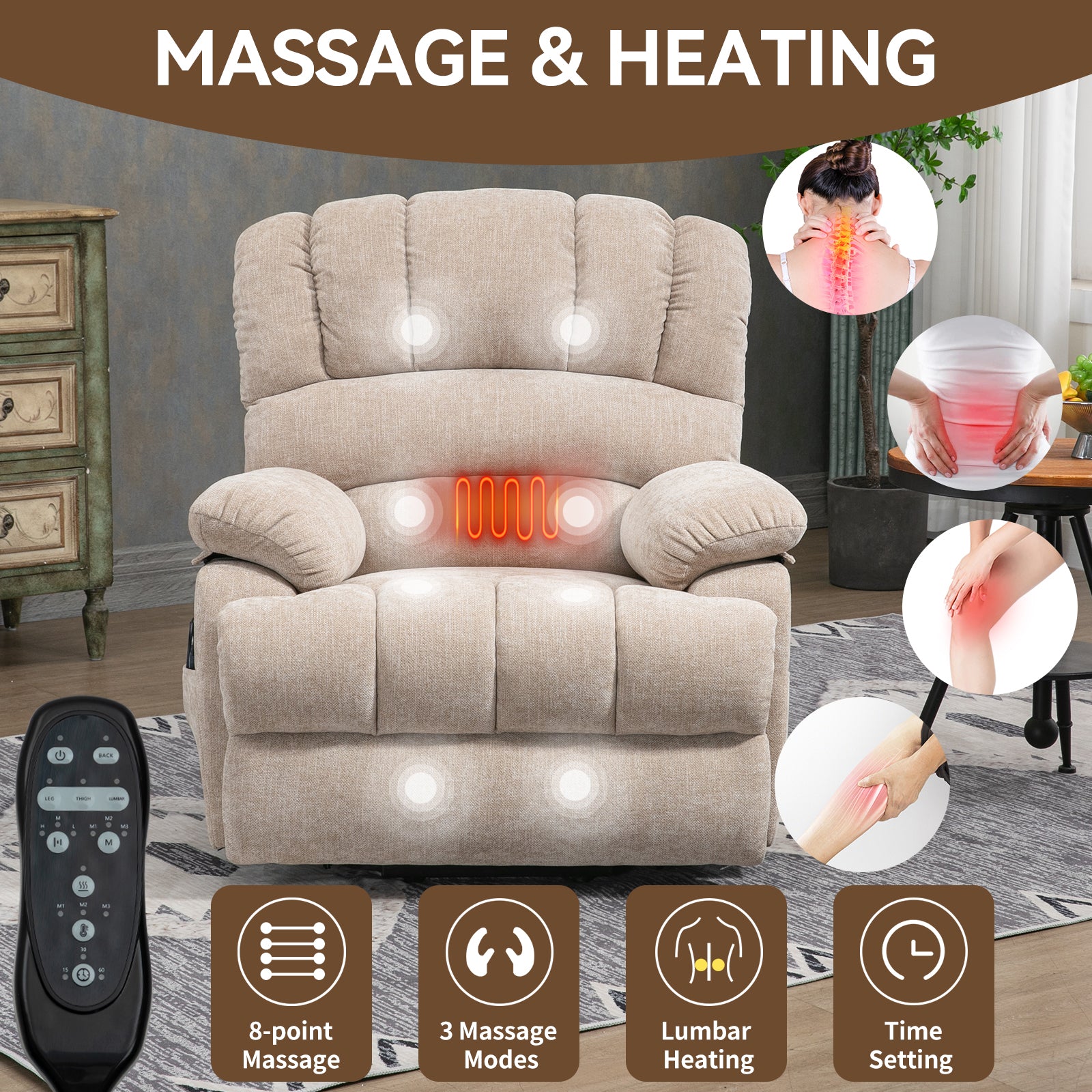 23" Seat Width And High Back Large Size Beige Chenille Power Lift Recliner Chair With 8 Point Vibration Massage And Lumbar Heating Beige Power Push Button Medium Firm Pillow Back Heavy Duty Pillow Top Arms Fiber Foam And Polyester Fiber Pad Chenille