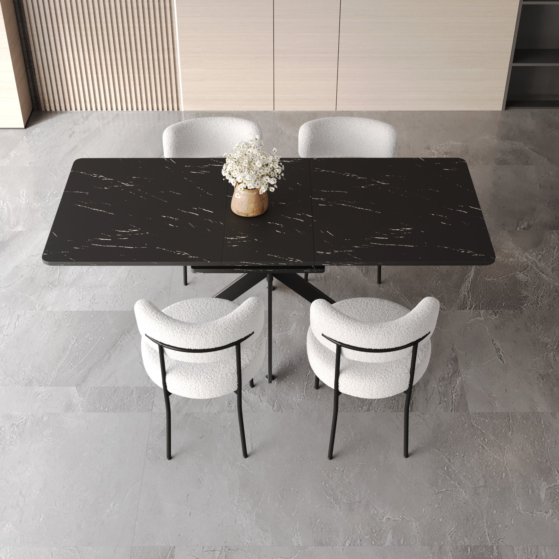 Scalable Dining Table Table Set For 4 8 Person For Dining Room,Curved Backrest Round Upholstered Soft Padded Armless Dining Chairs And Very Large Dining Room Table Kitchen Table Chair Set Black White Mdf Metal