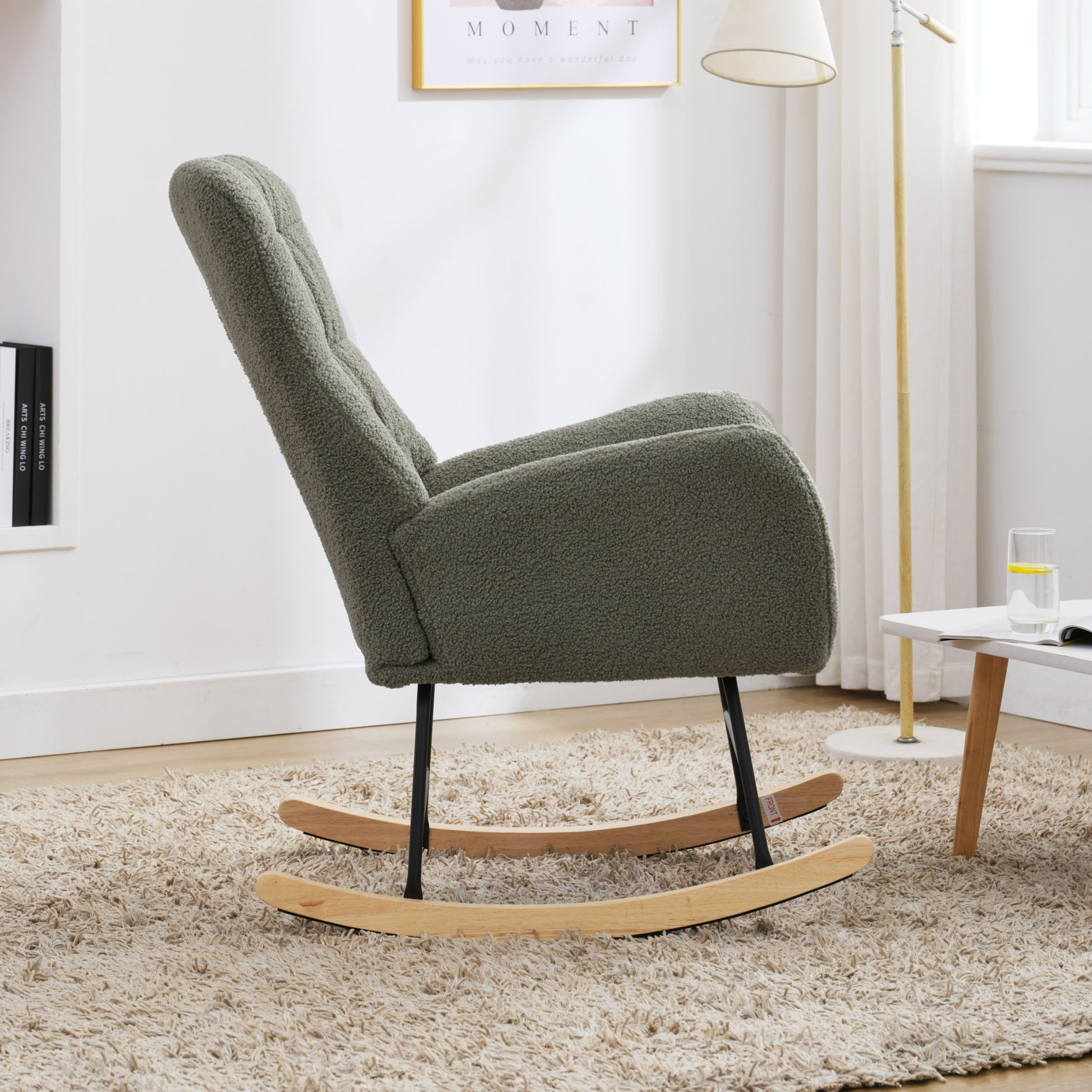 Nursery Rocking Chair, Teddy Upholstered Glider Rocker, Rocking Accent Chair With High Backrest, Comfy Rocking Accent Armchair For Living Room, Bedroom, Offices, Green Iron Green Primary Living Space Varnished Sponge Square Casual Rocking Chairs